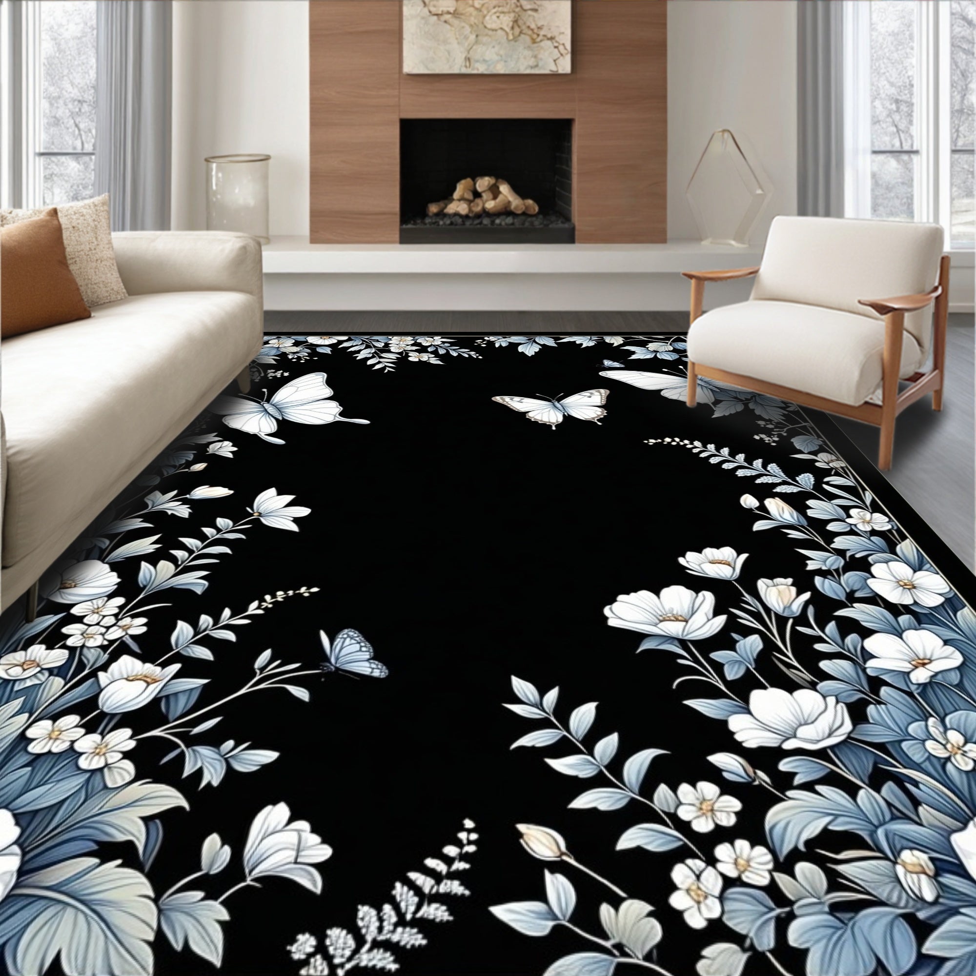 Elegant White Butterfly Floral Pattern Rug
