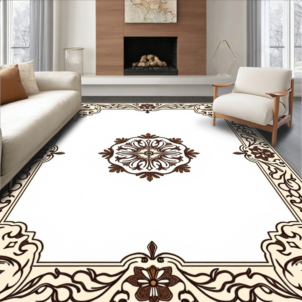 Cream Brown Floral Medallion Border Rug