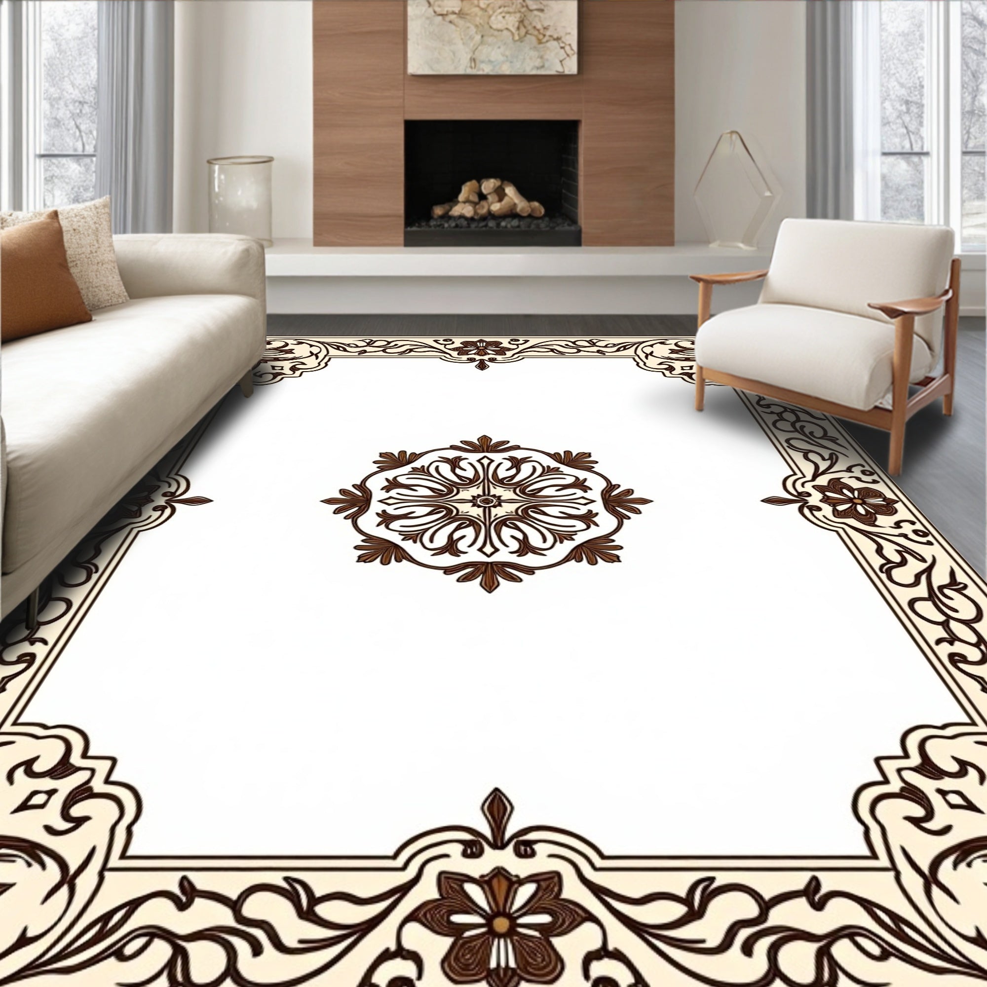 Cream Brown Floral Medallion Border Rug