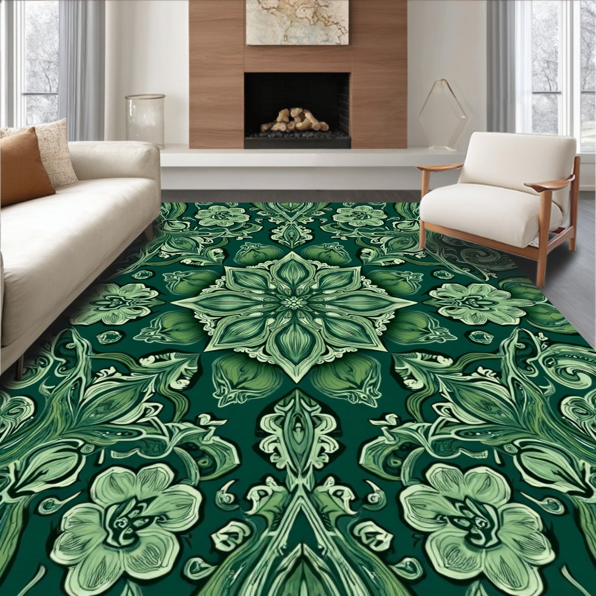 Intricate Green Floral Medallion Pattern Rug