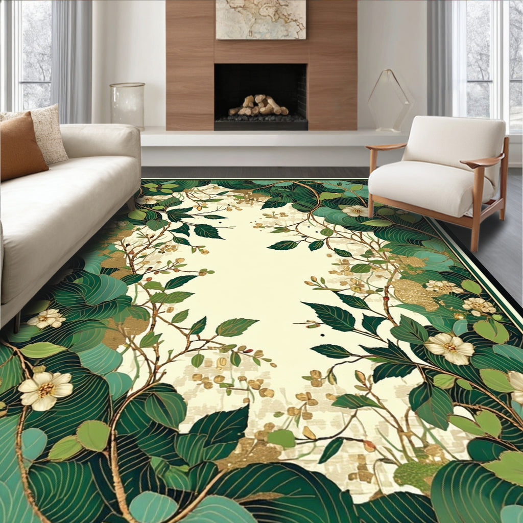 Emerald Green Floral Golden Accent Rug