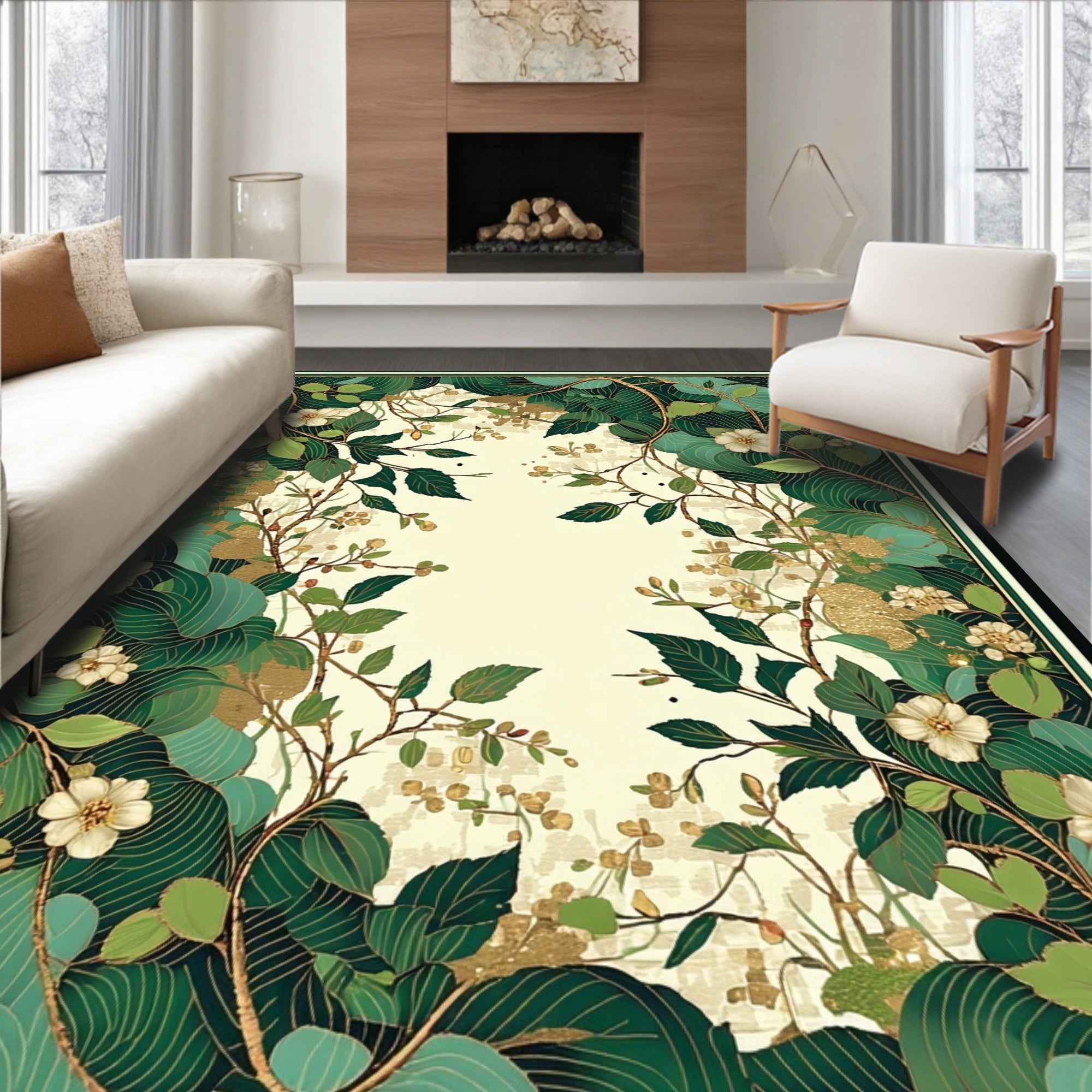 Emerald Green Floral Golden Accent Rug