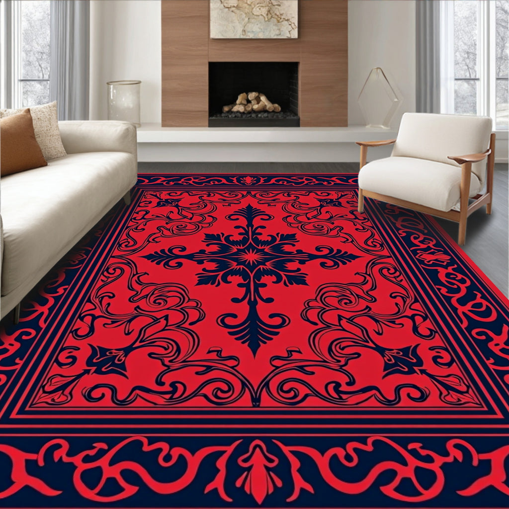 Red And Navy Scrollwork Mandala Pattern Rug