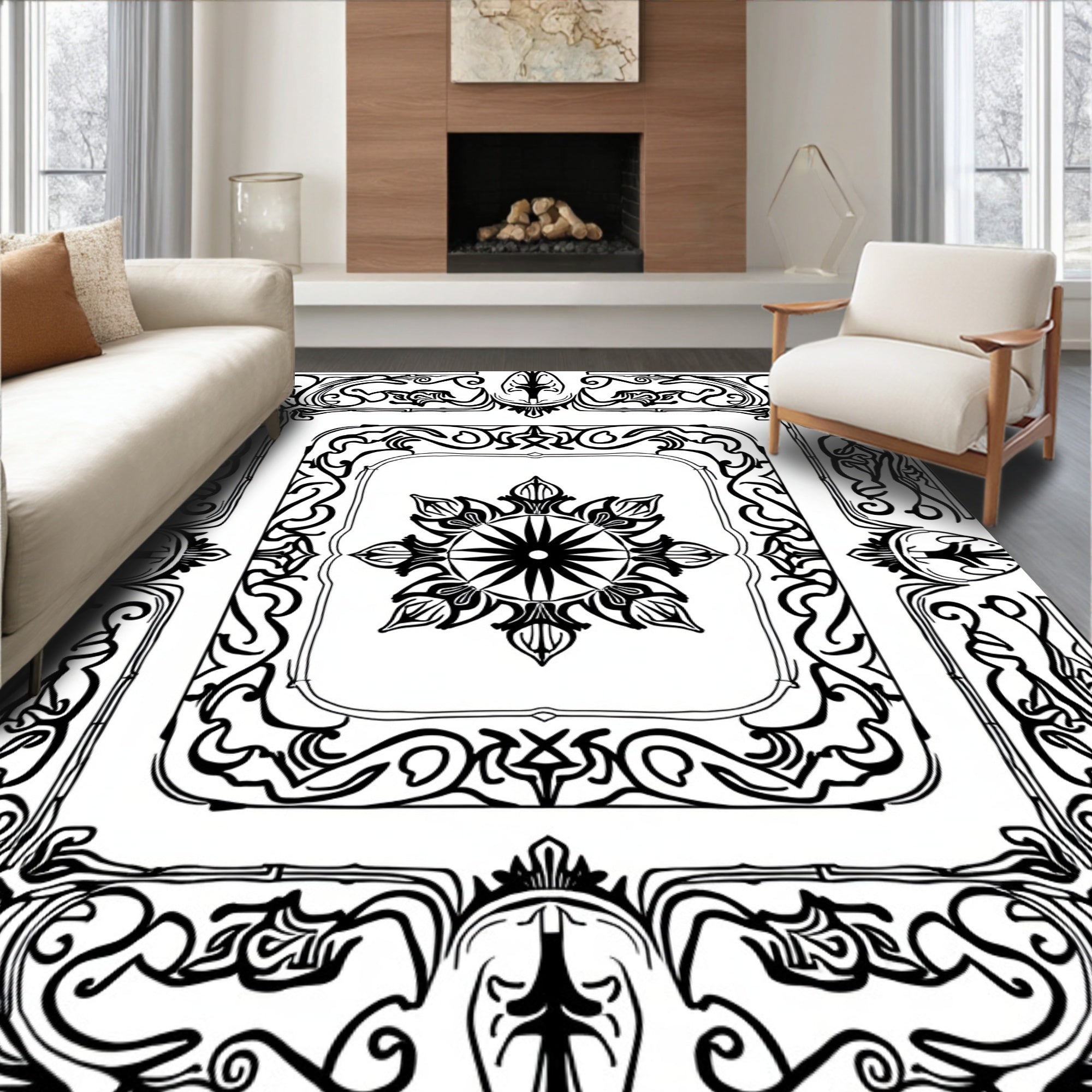Elegant Abstract Floral Scrollwork Design Rug