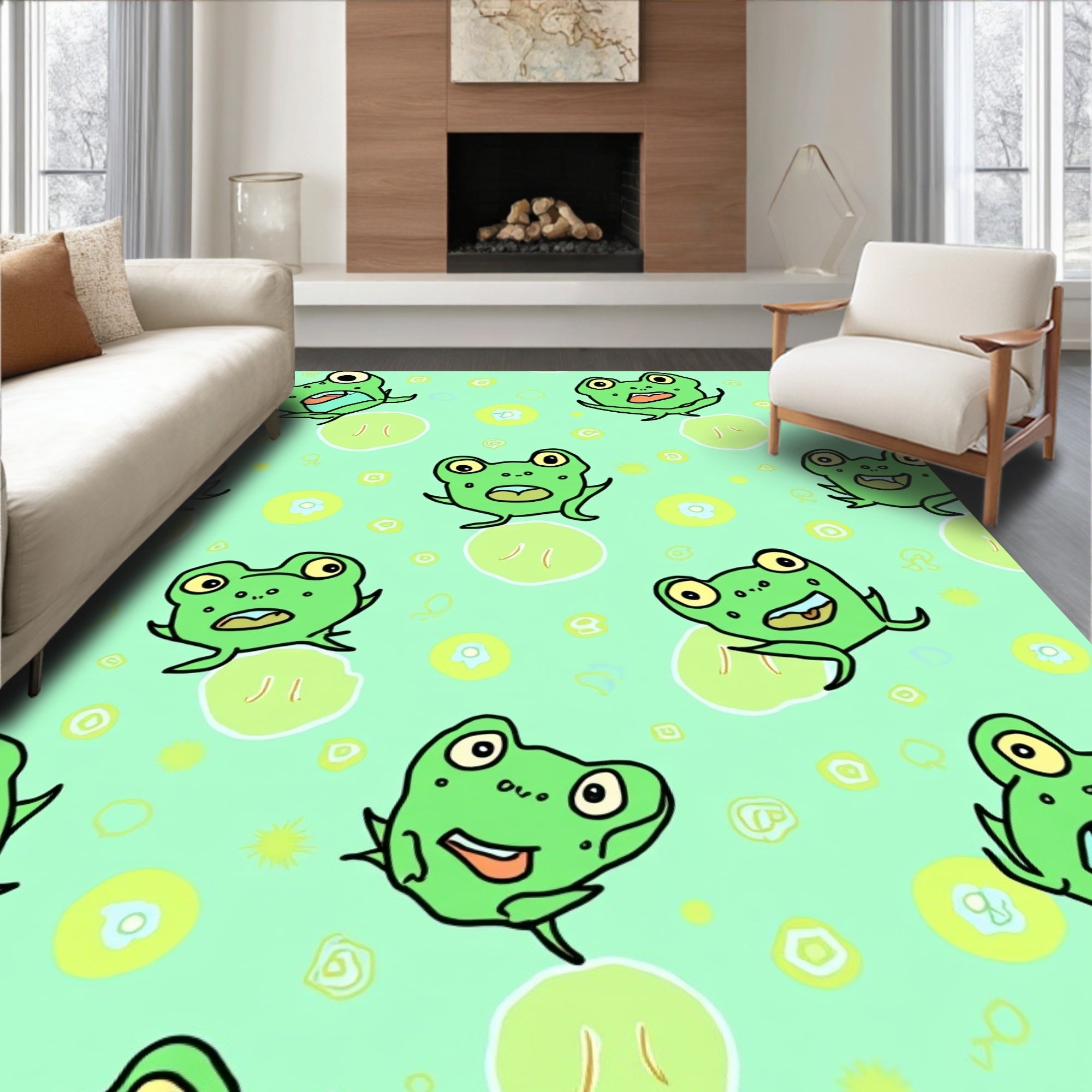 Whimsical Green Frogs Pattern Rug