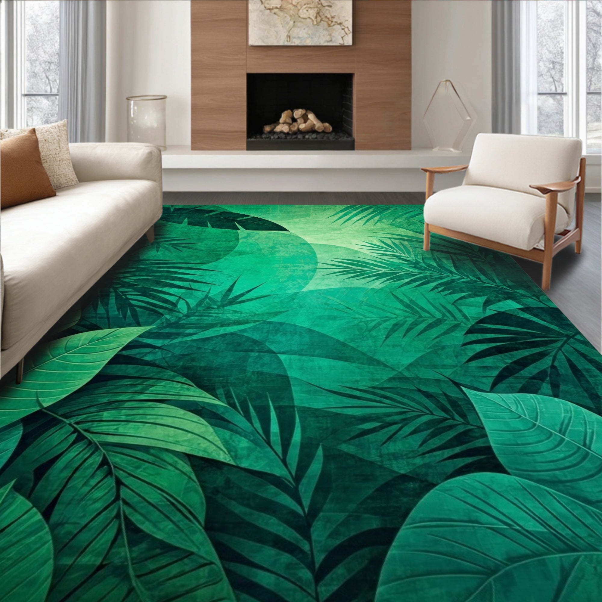 Emerald Jungle Leaf Abstract Pattern Rug