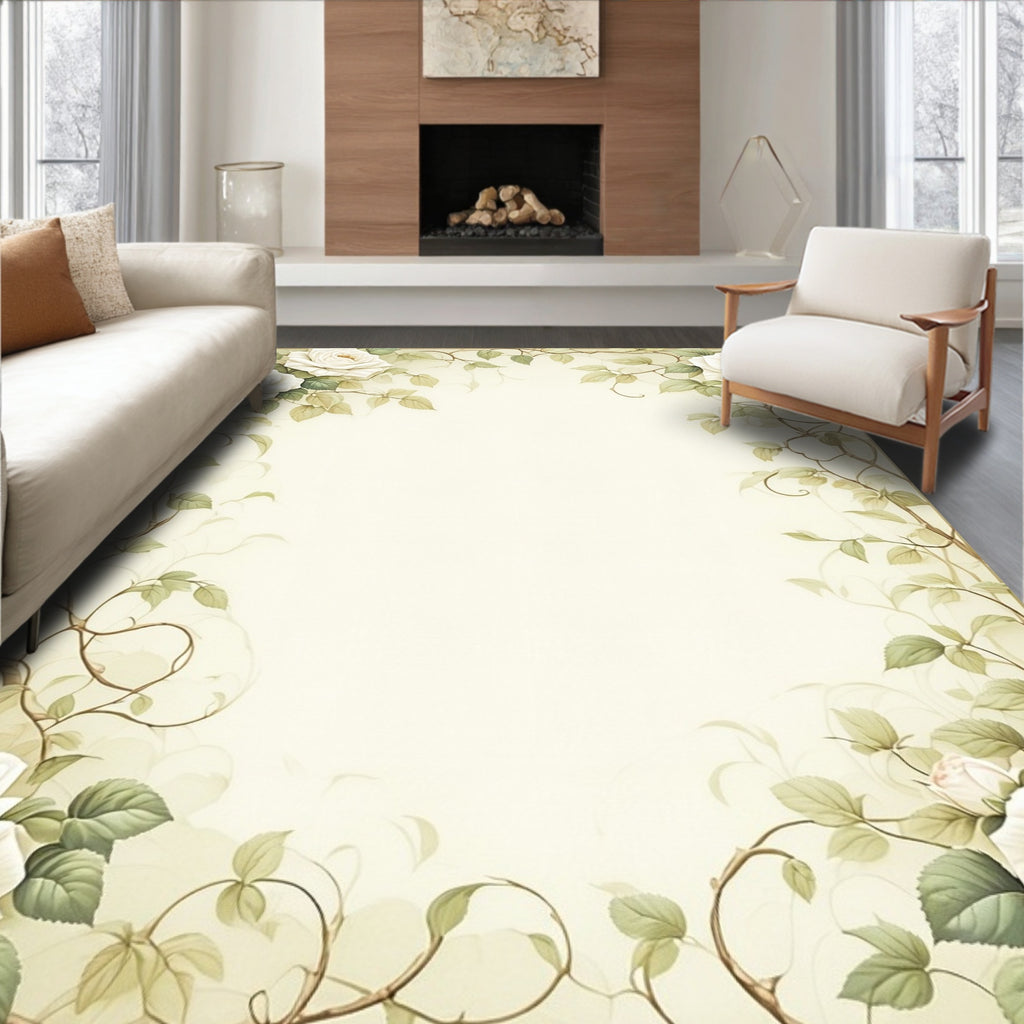 Soft White Rose Vine Pattern Rug