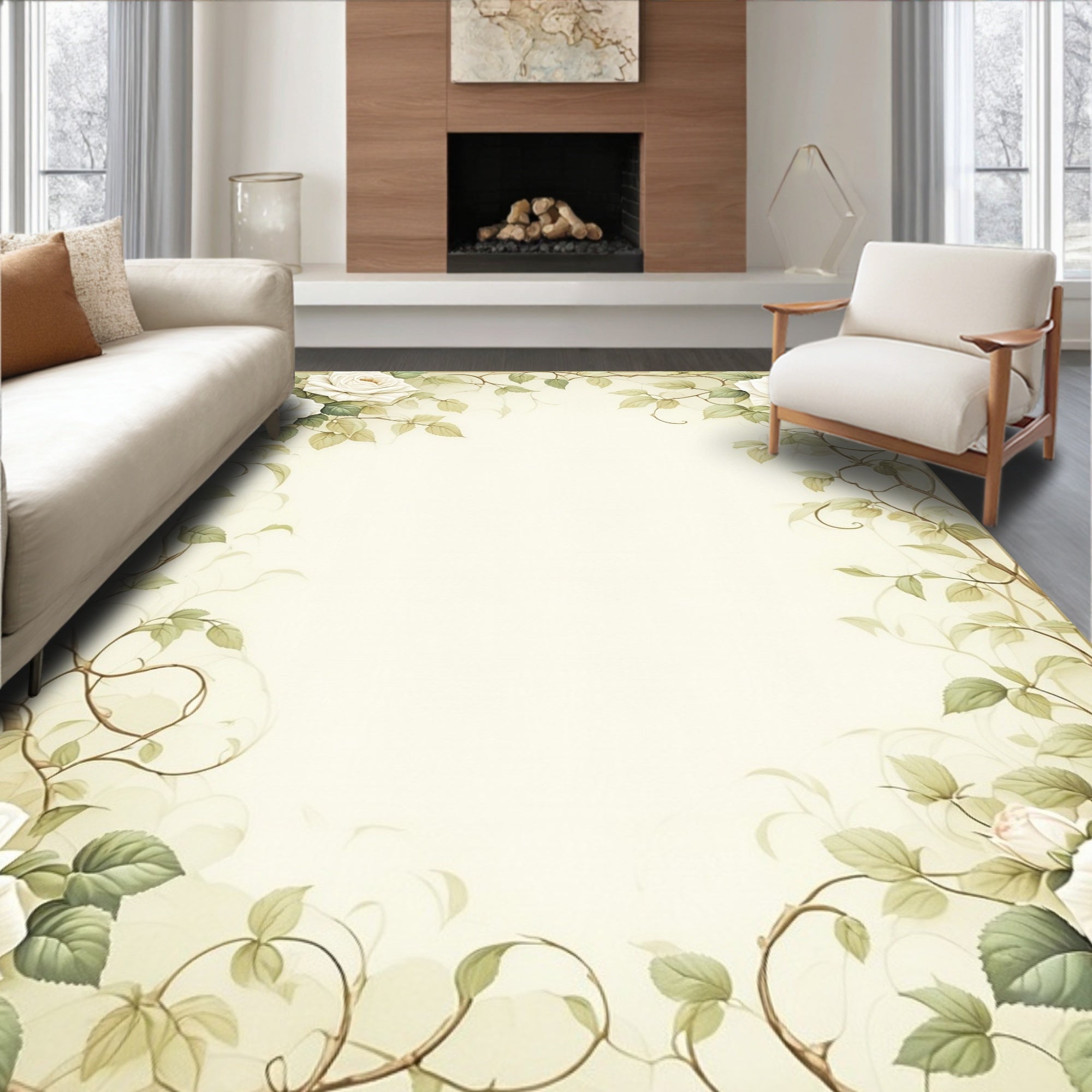 Soft White Rose Vine Pattern Rug