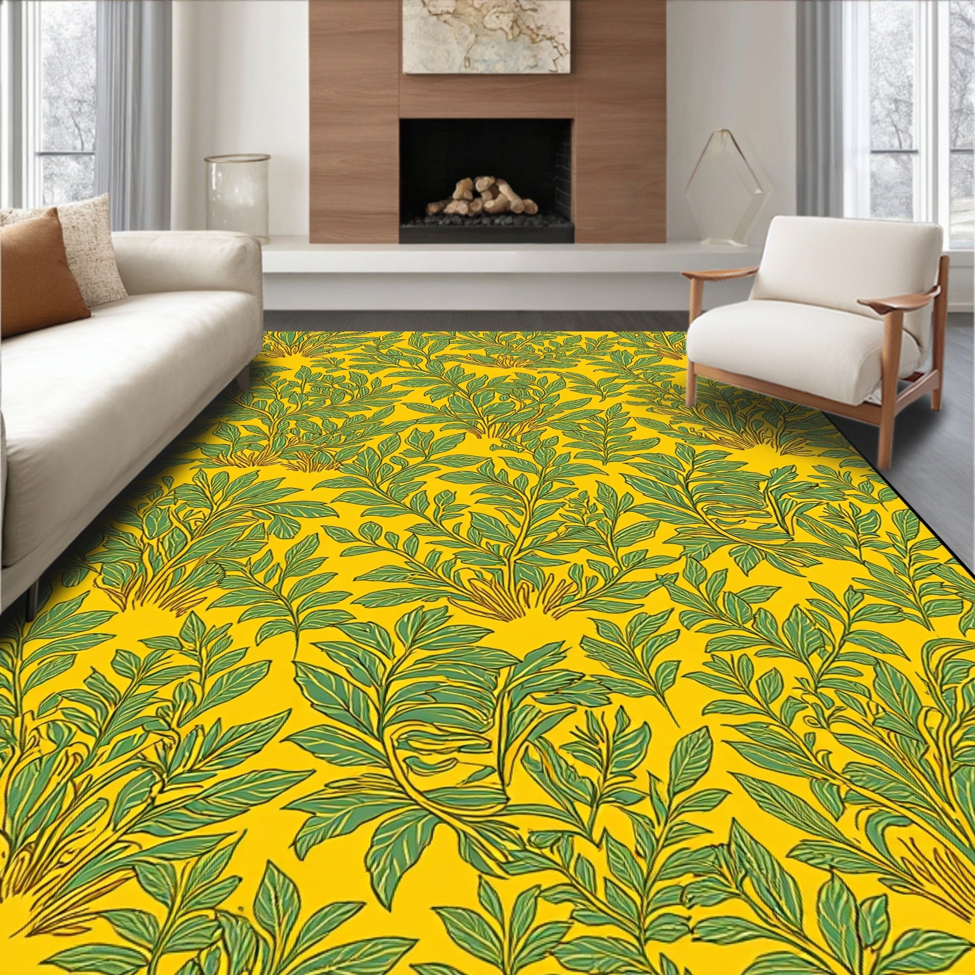 Tonal Yellow Green Leafy Pattern Rug