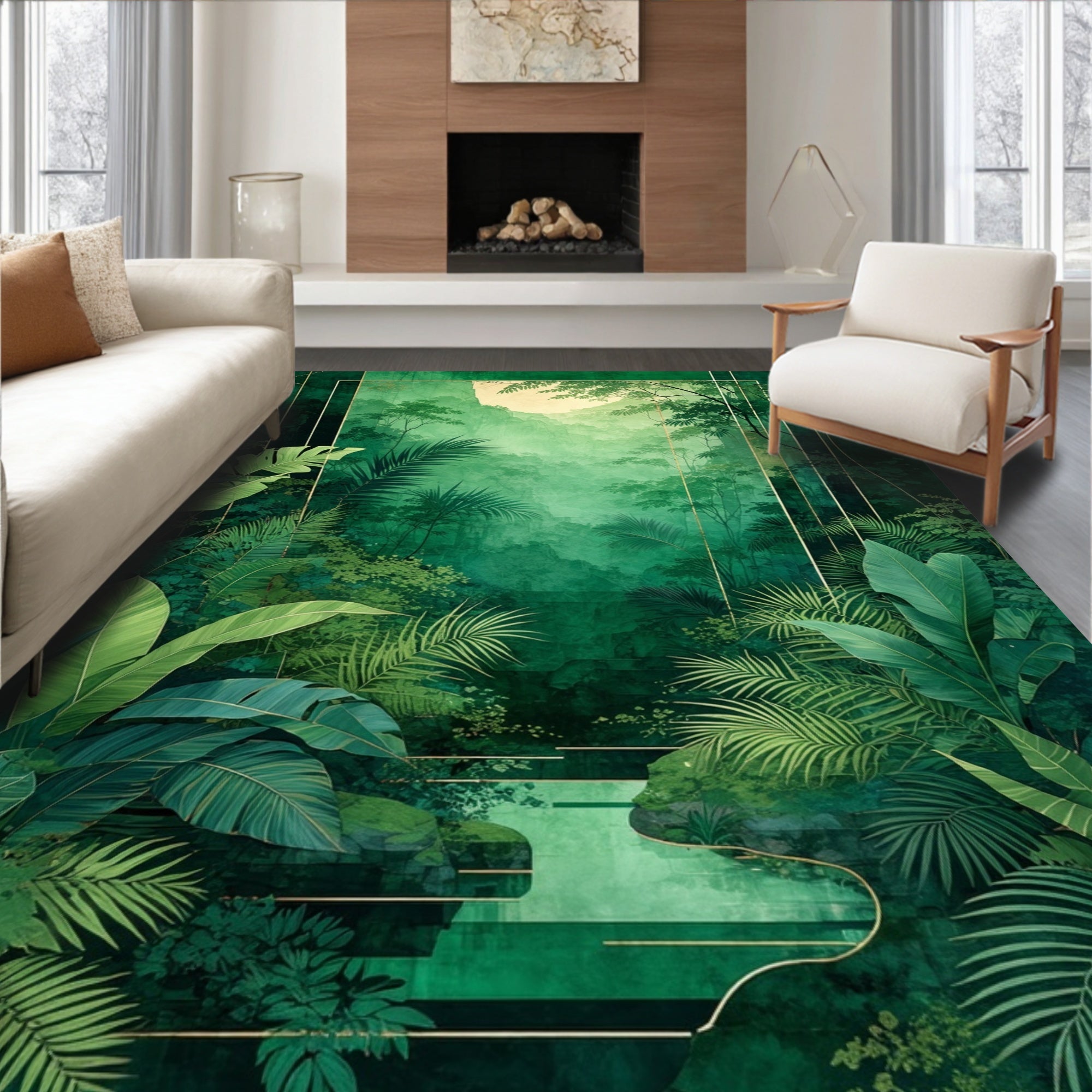 Lush Emerald Jungle Tropical Design Rug