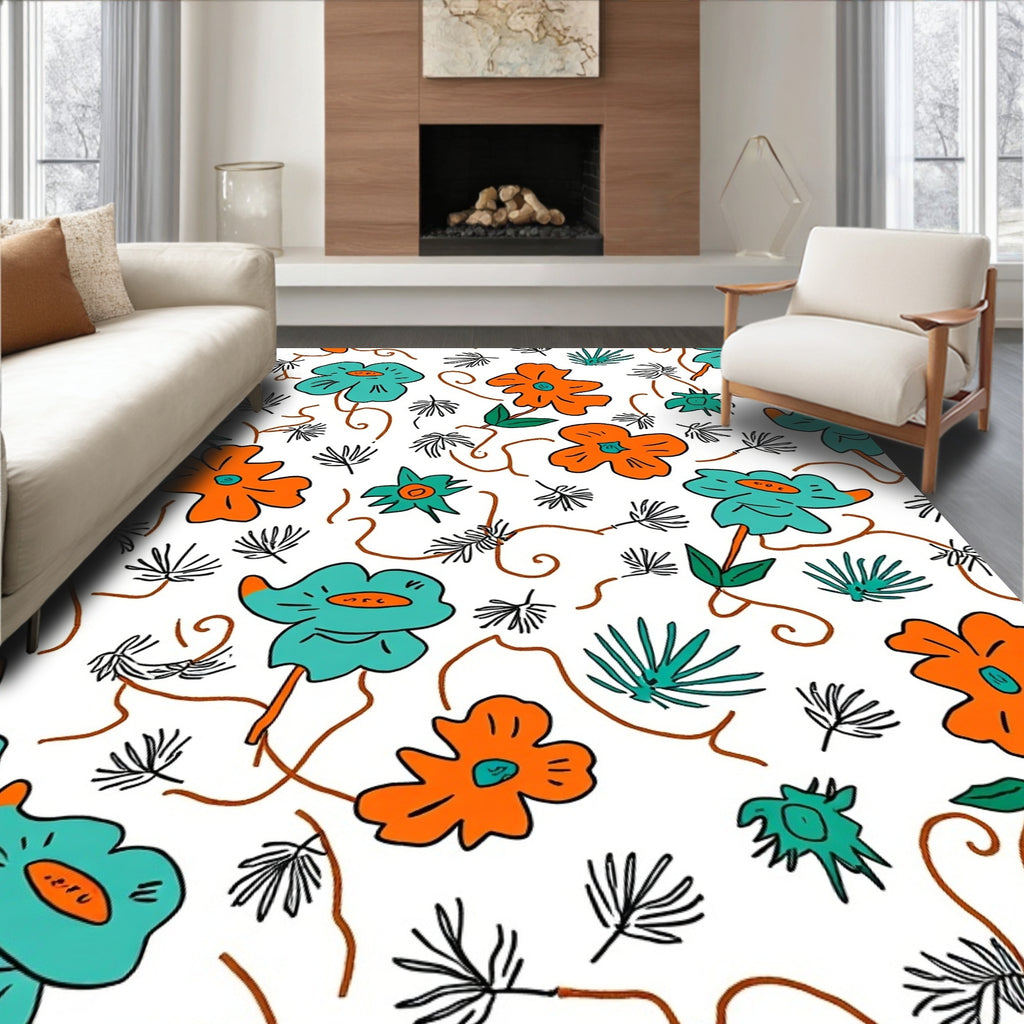 Playful Floral Pattern With Orange And Teal Rug