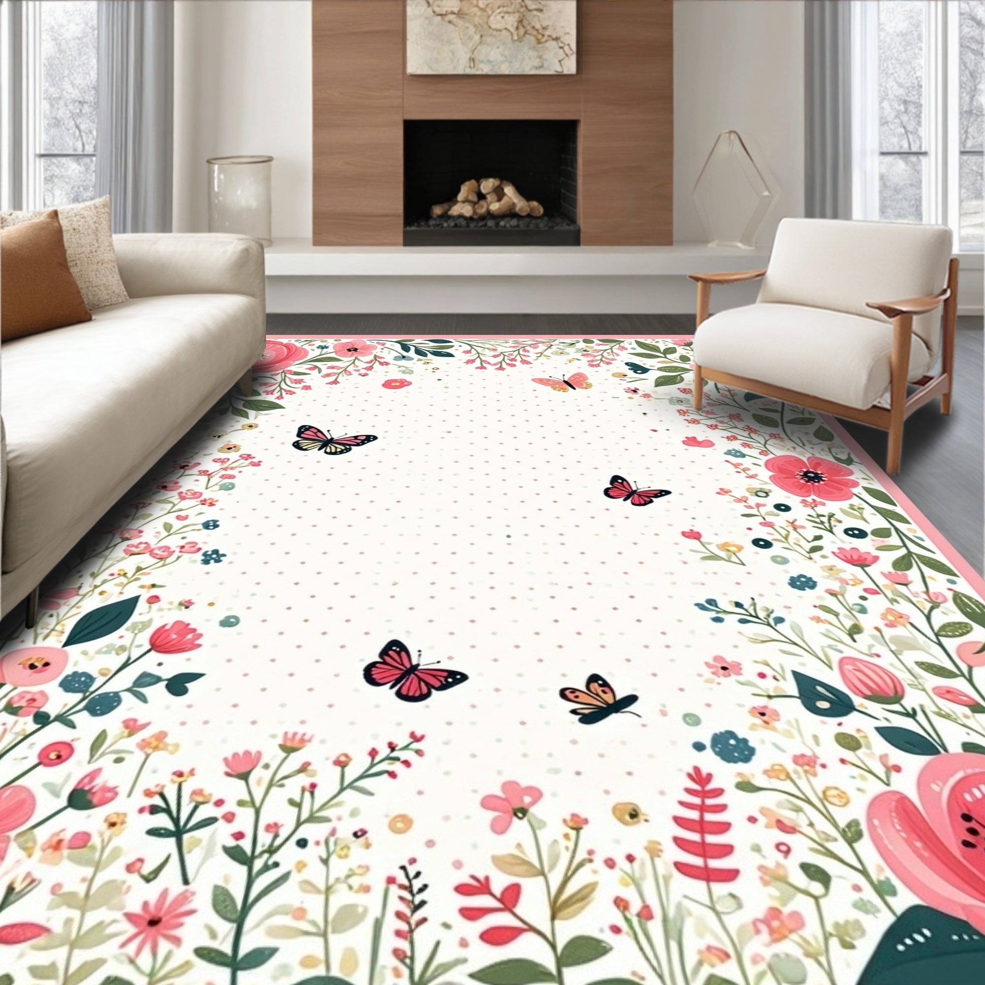 Whimsical Floral Butterfly Polka Dot Design Rug