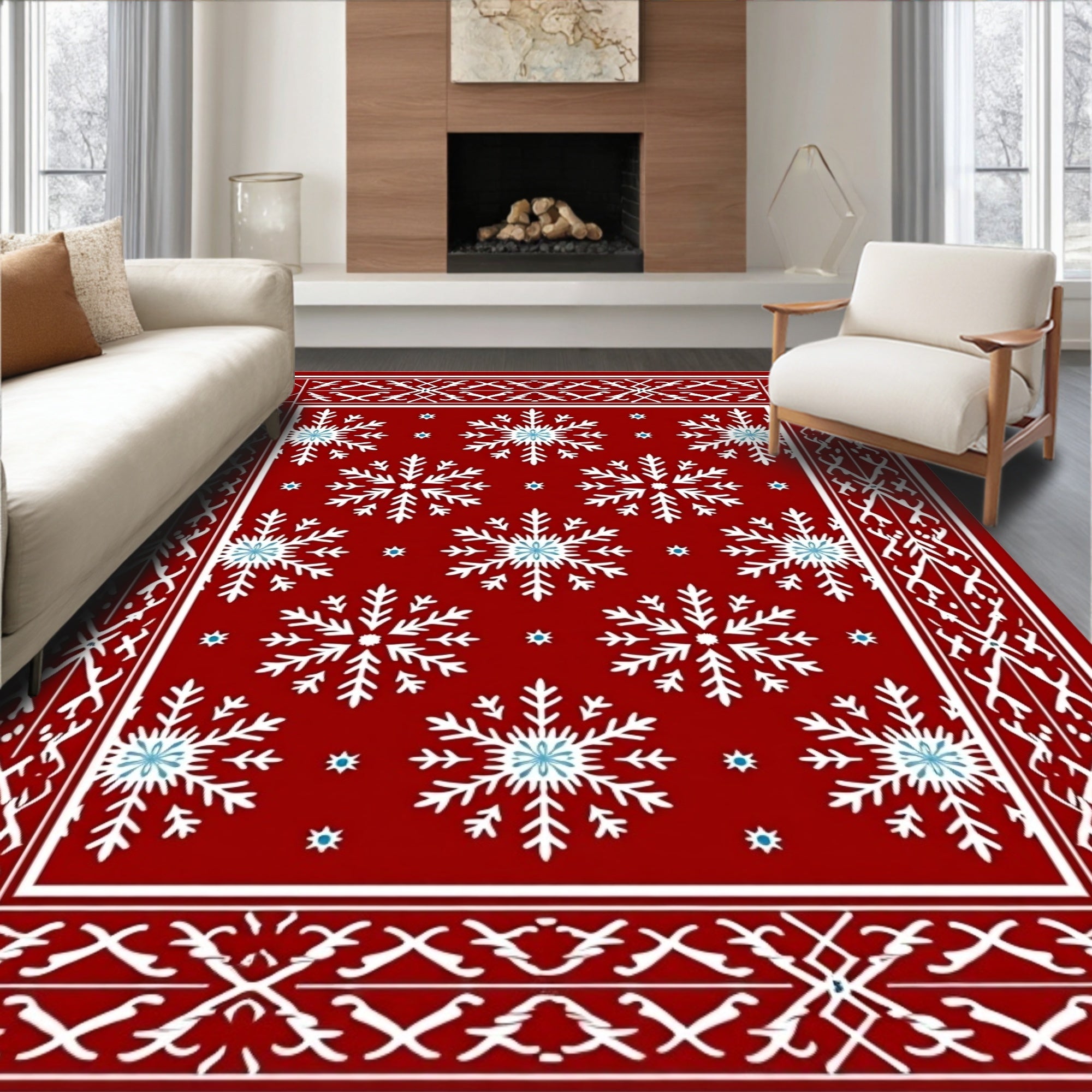 Red Snowflake Festive Border Rug