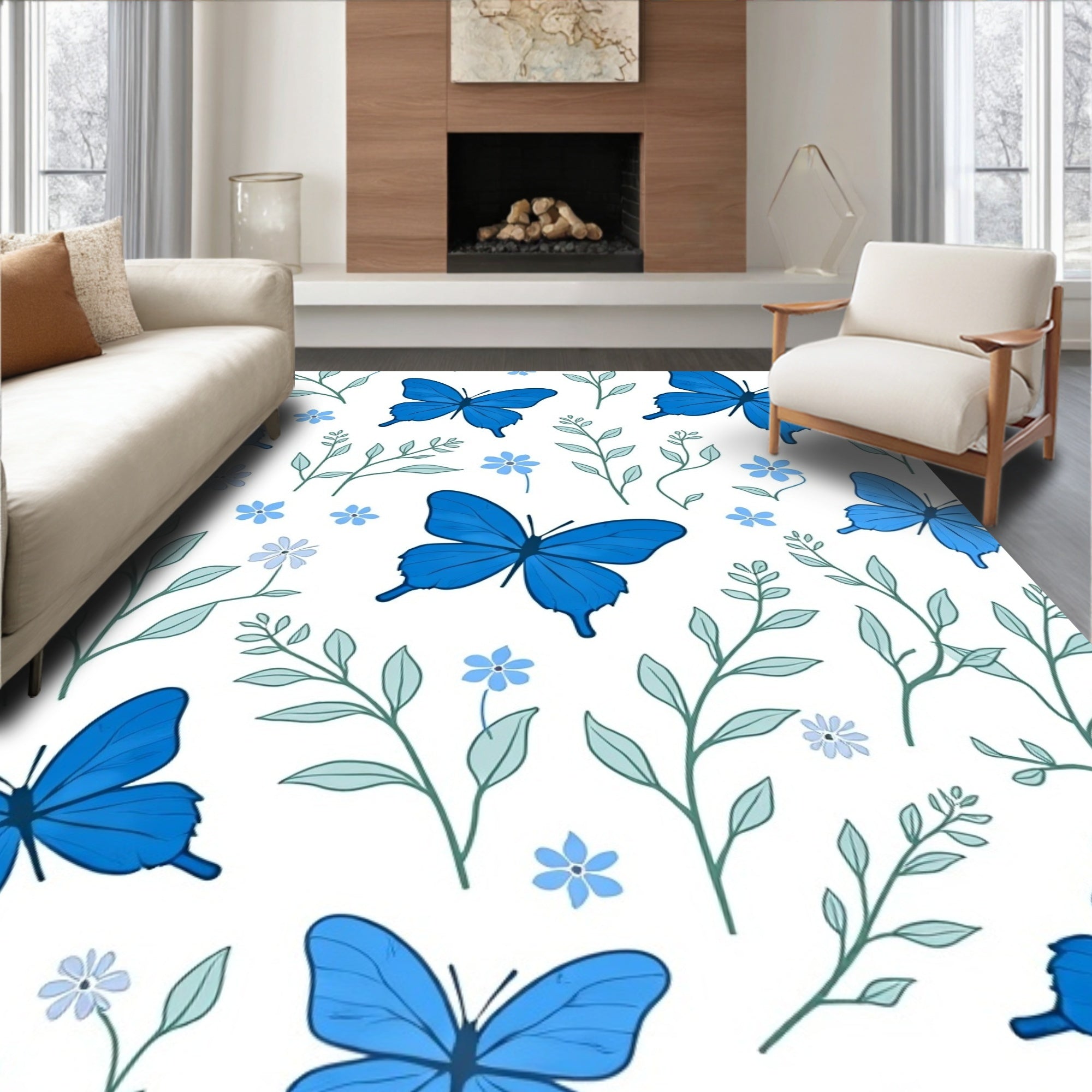 Blue Butterfly And Floral Branches Rug