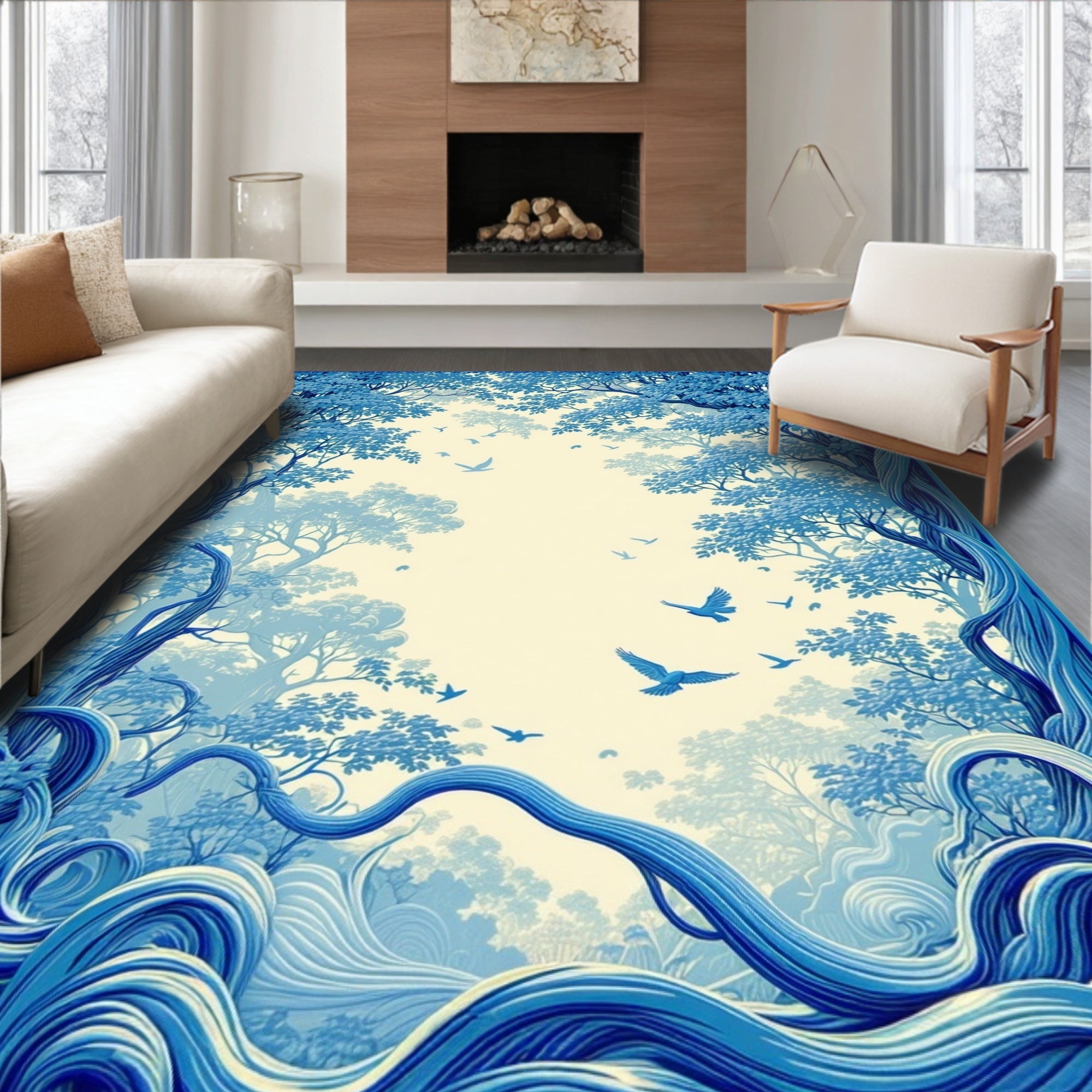 Whimsical Blue Forest Birds Rug