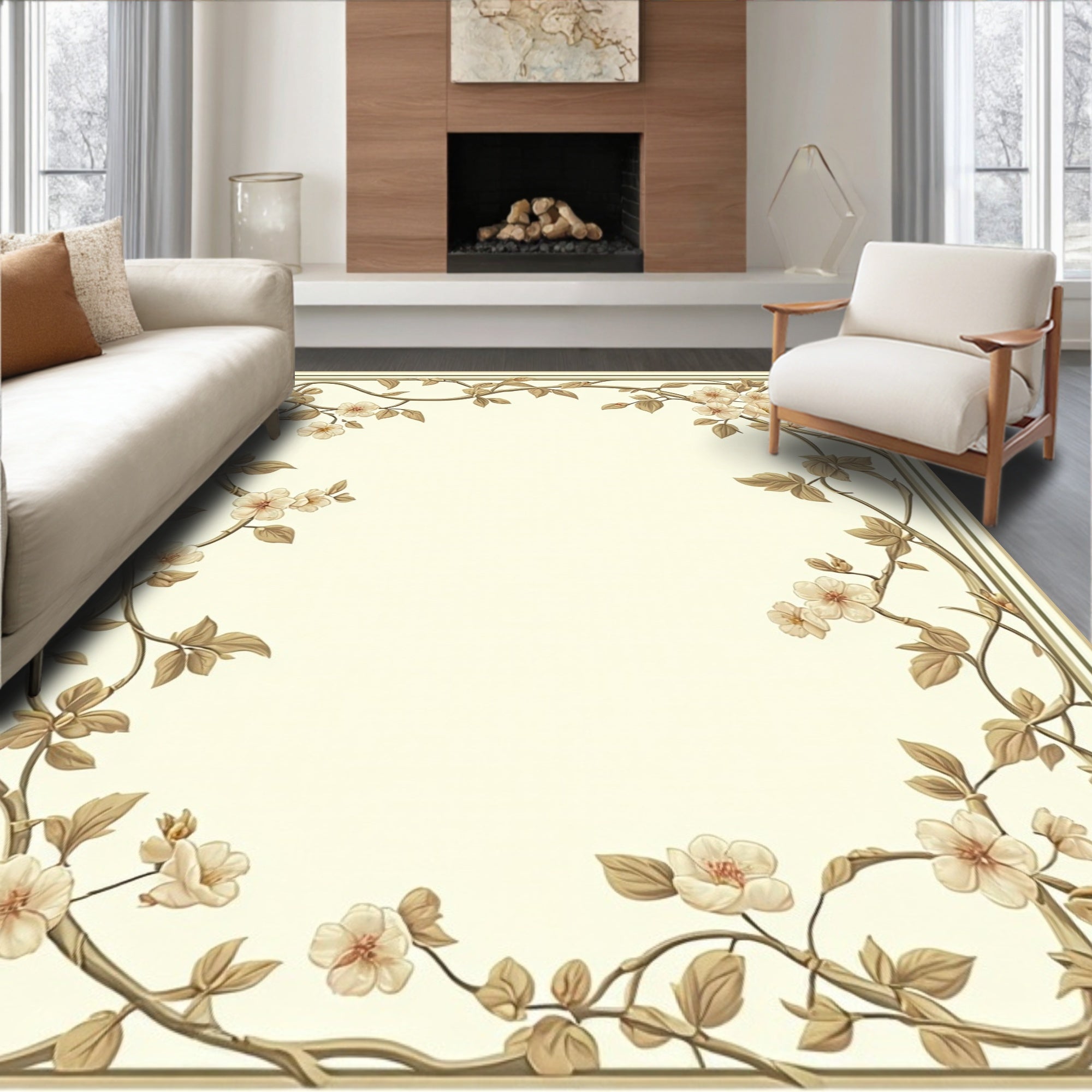 Delicate Floral Vine Border Design Rug