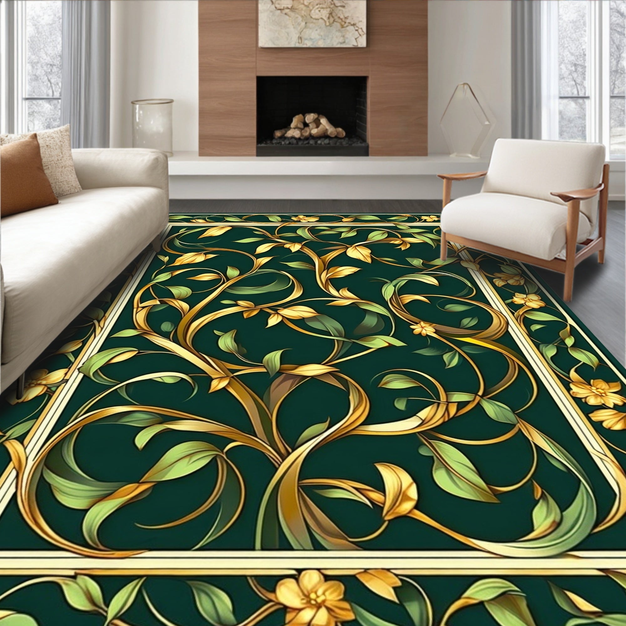 Gilded Floral Vine Scroll Pattern Rug