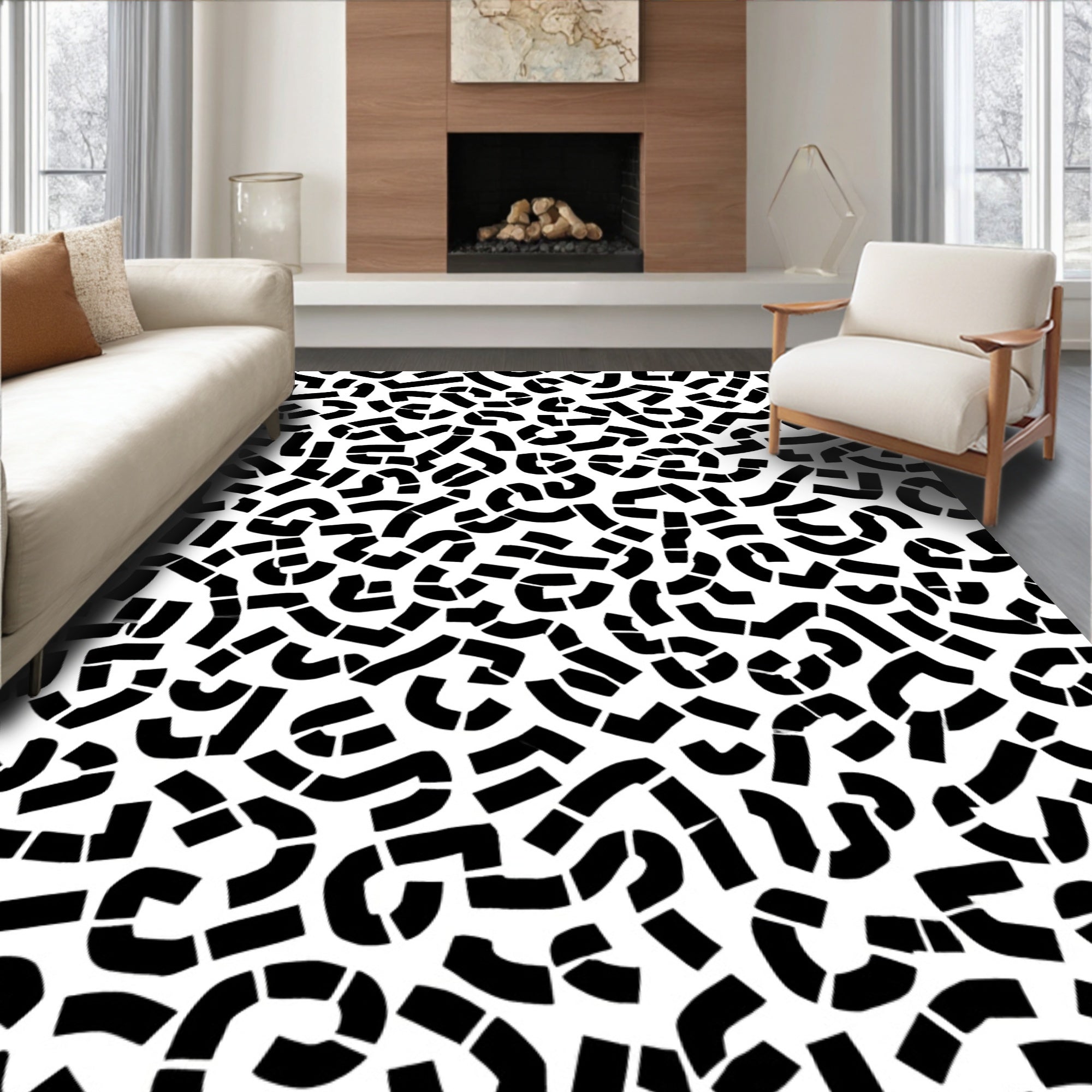 Abstract Black White Winding Contour Rug