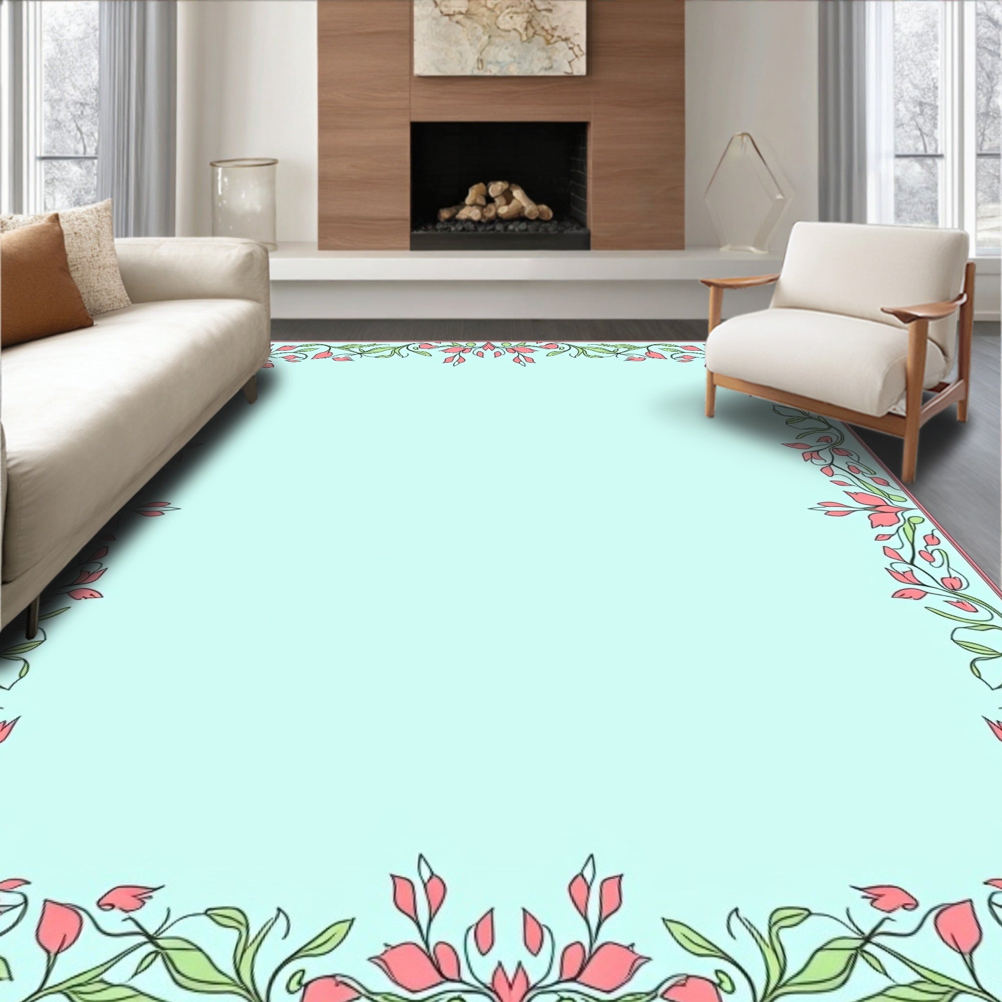 Floral Vine Decorative Border Design Rug