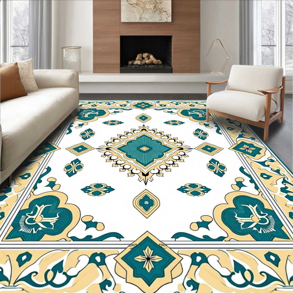 Teal Yellow Floral Medallion Border Rug