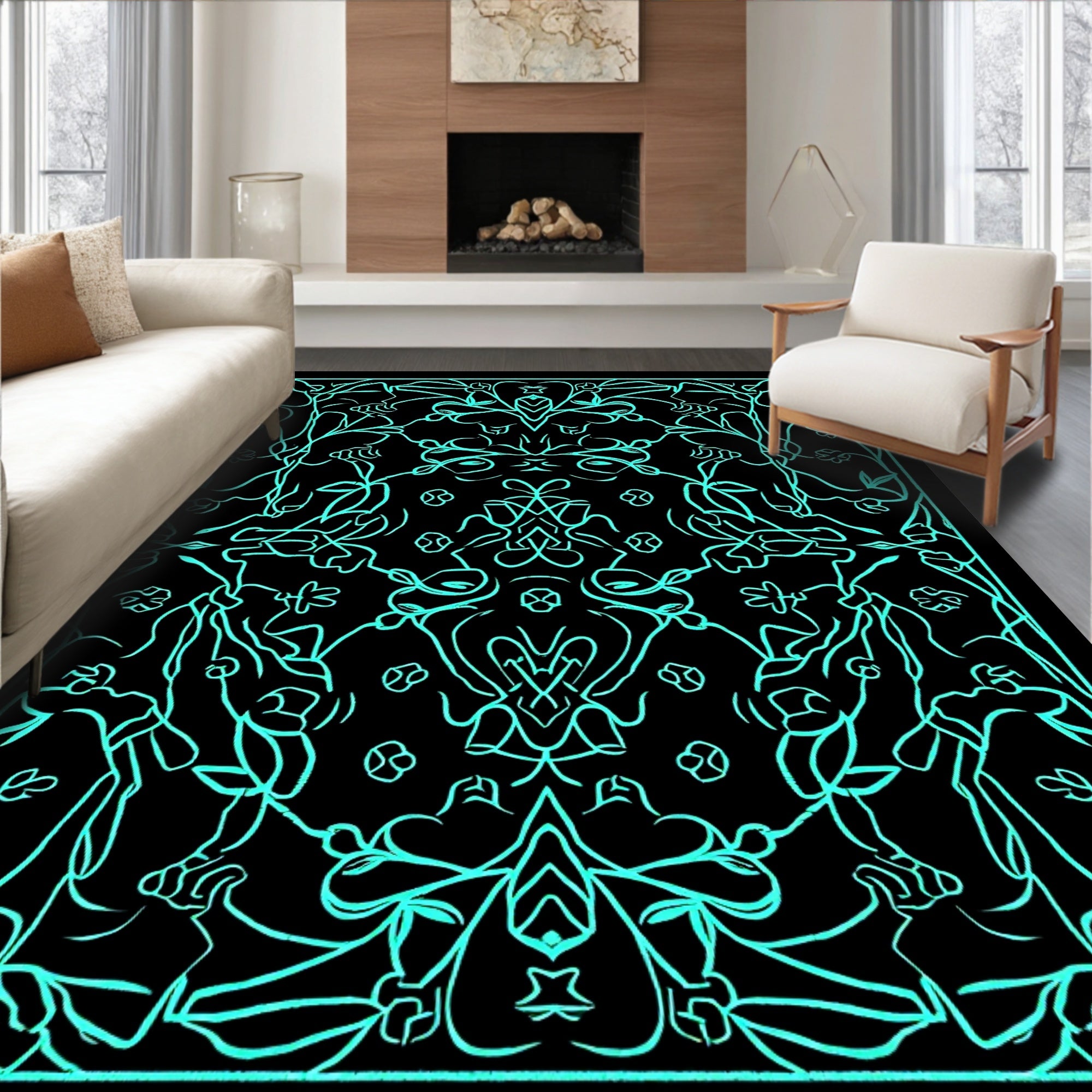 Abstract Teal Floral Swirl Design Rug