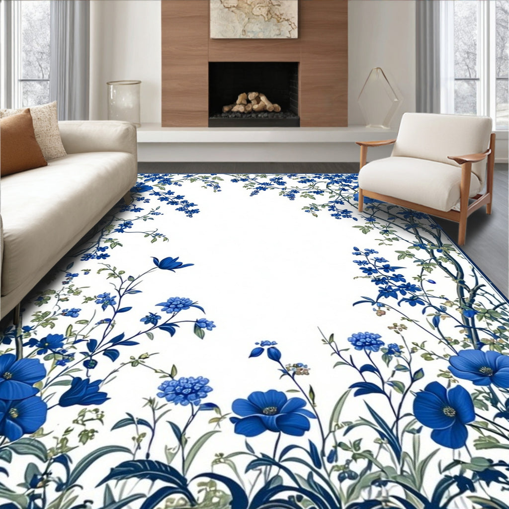 Vibrant Blue Floral Vines Pattern Rug