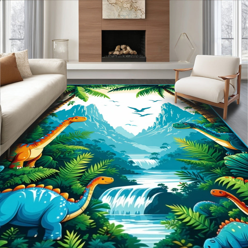 Prehistoric Jungle Dinosaur Scene Rug