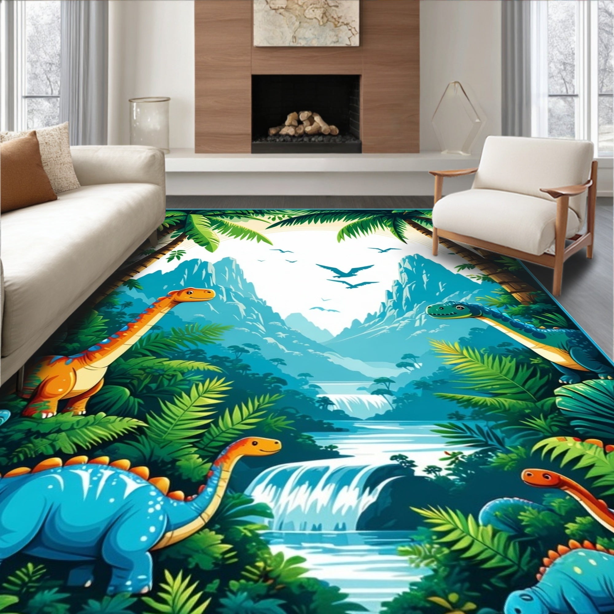 Prehistoric Jungle Dinosaur Scene Rug