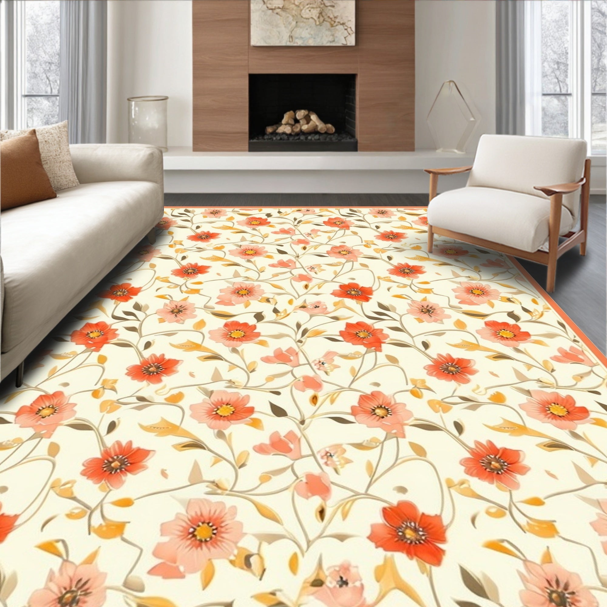 Whimsical Coral Floral Vine Pattern Rug