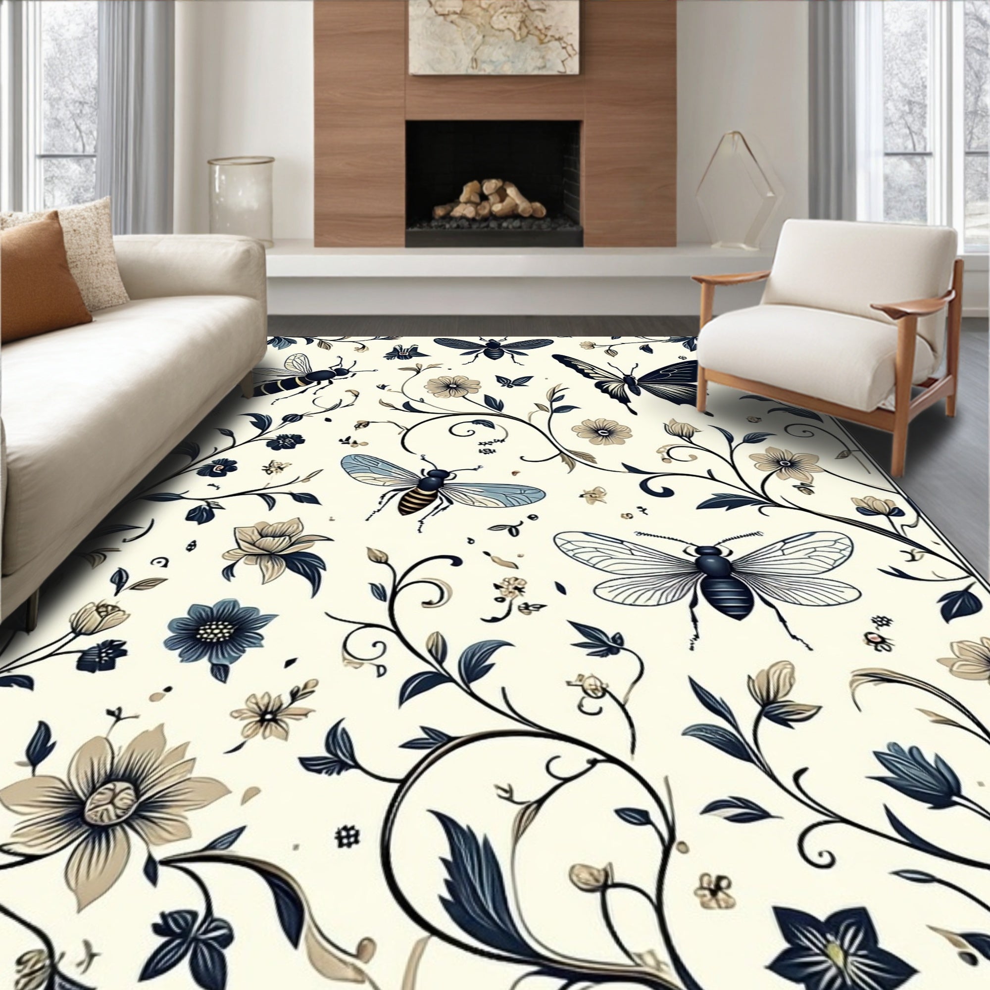 Botanical Insect Floral Pattern Design Rug