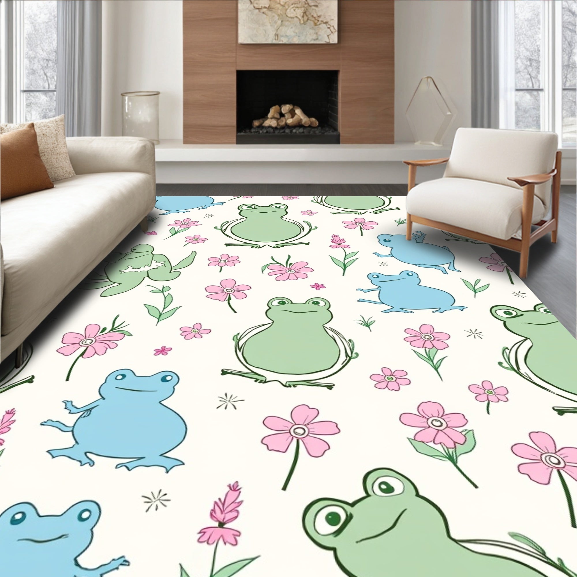 Playful Frogs and Floral Pattern Rug