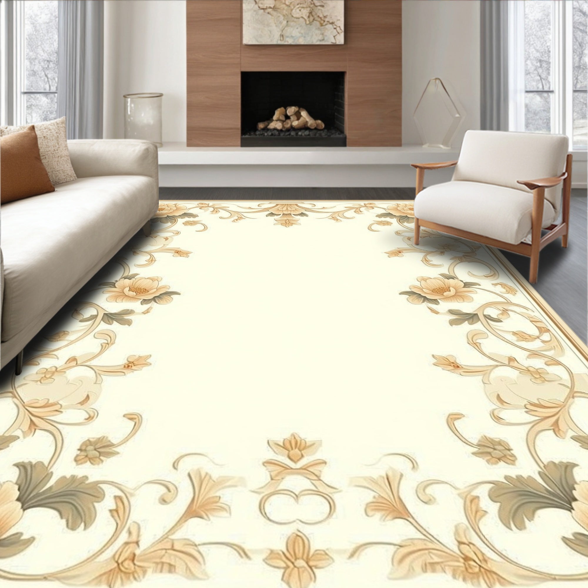 Cream Floral Scrollwork Vintage Frame Rug