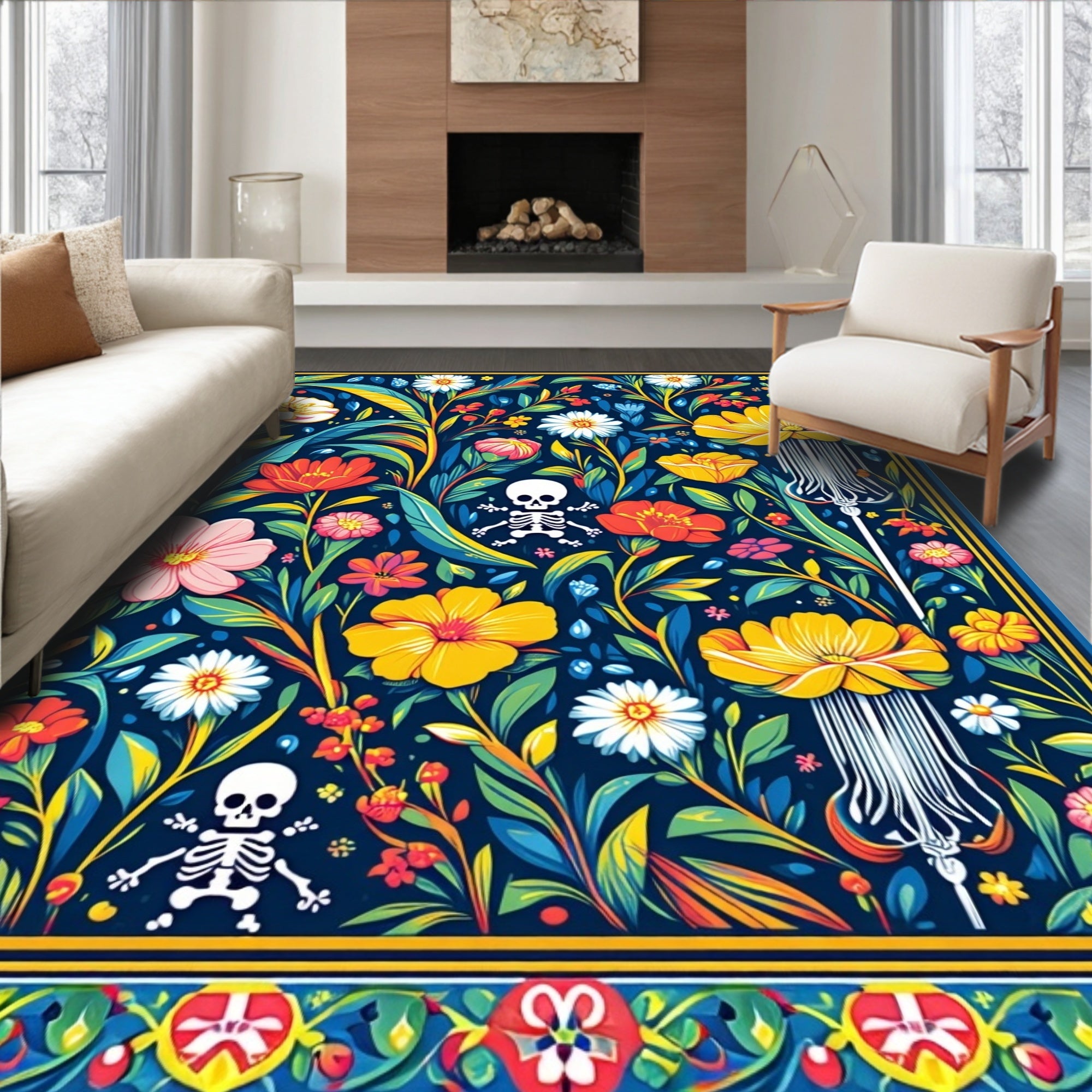 Colorful Floral Skeleton Print Rug
