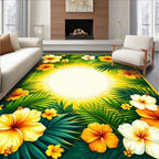 Tropical Hibiscus Floral Sunburst Design Rug