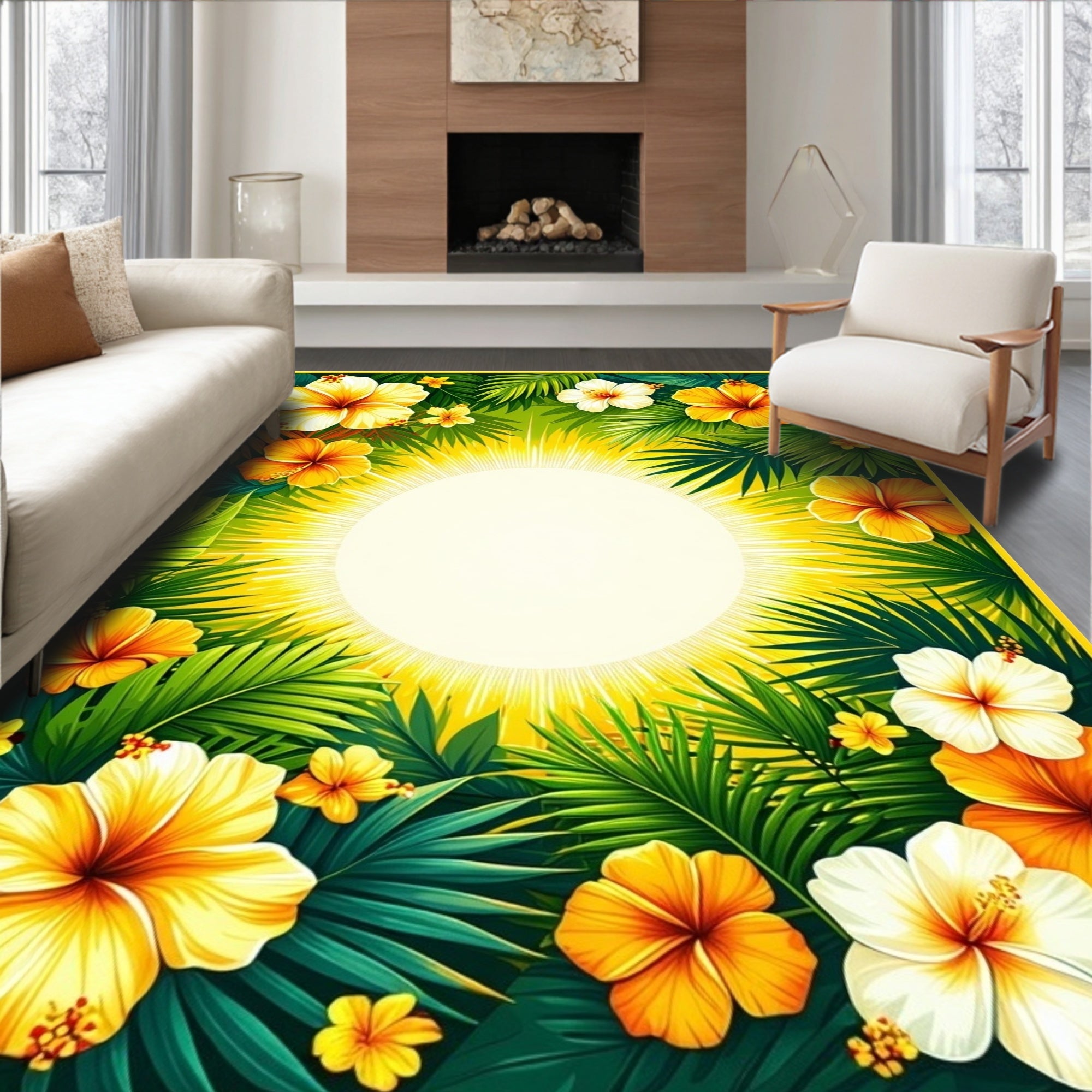 Tropical Hibiscus Floral Sunburst Design Rug
