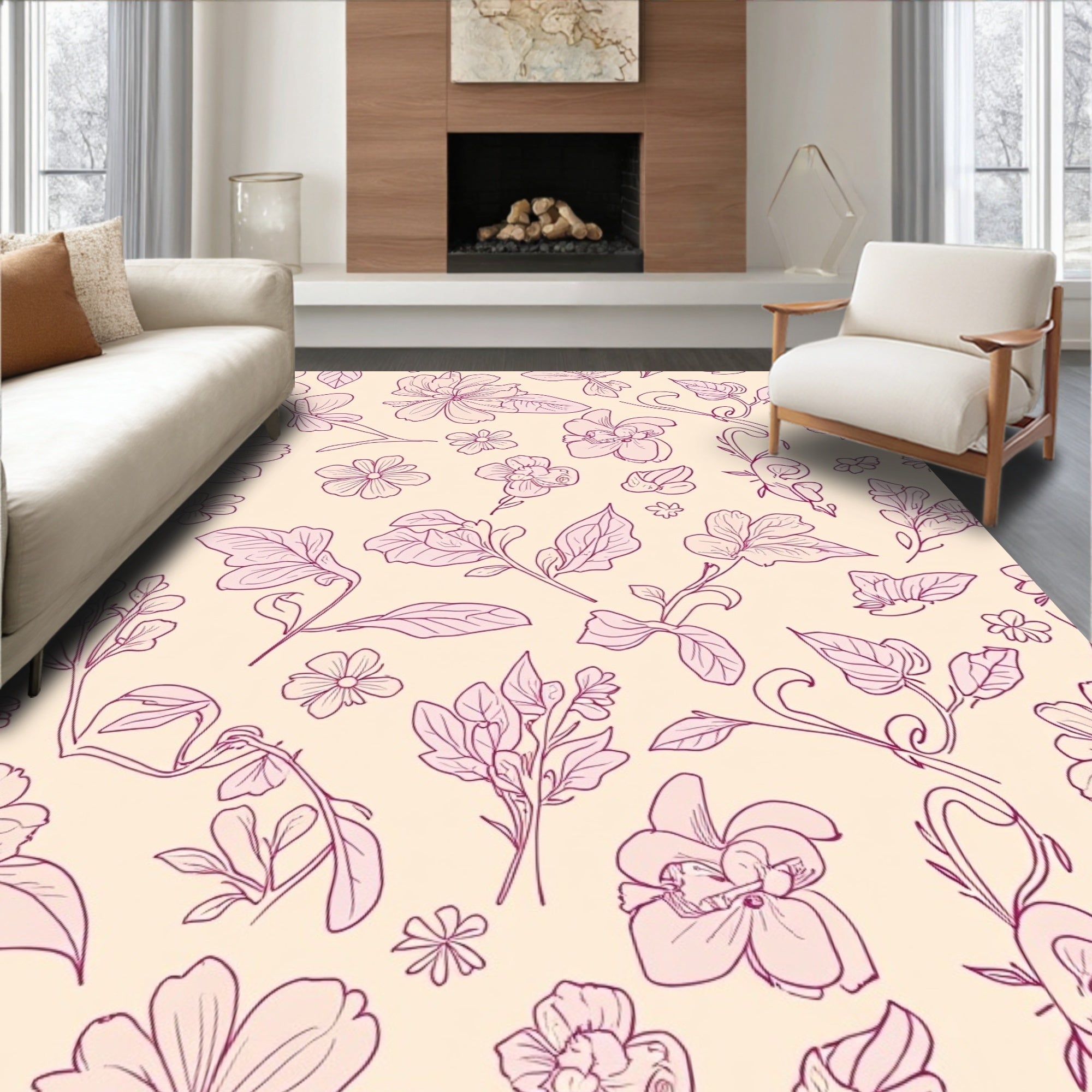 Delicate Floral Vine Hand-Drawn Design Rug