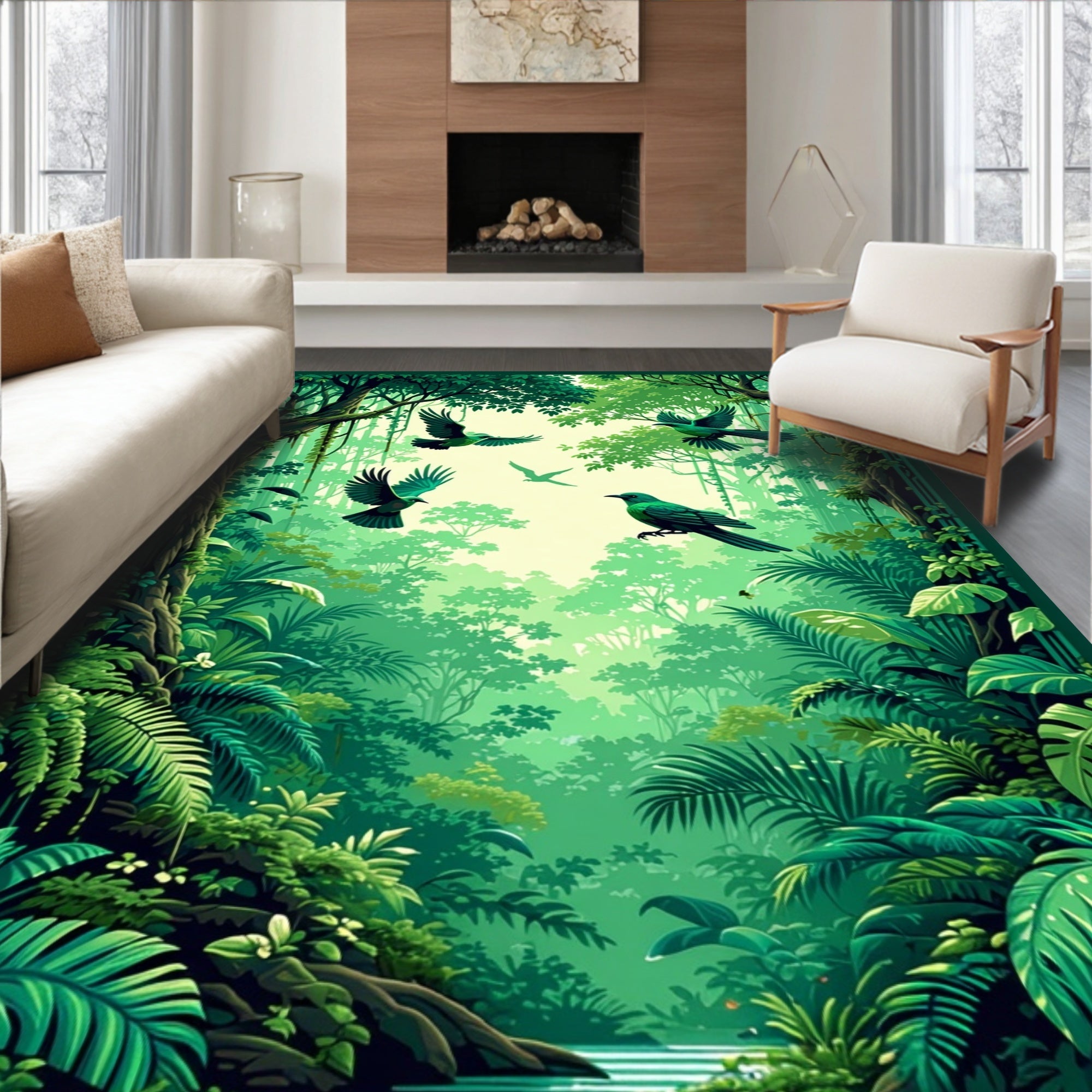 Emerald Forest Flying Birds Rug