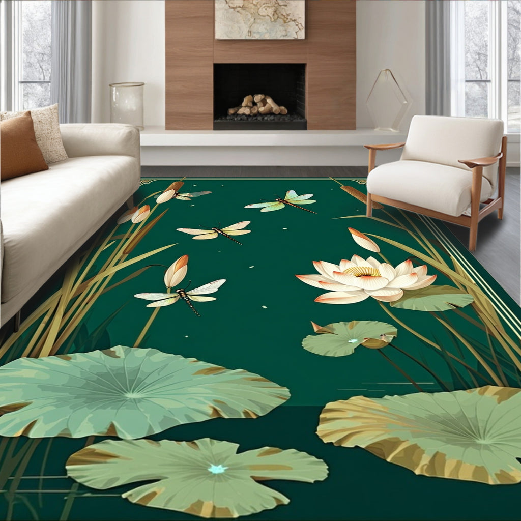 Dragonfly Lotus Pond Nature Scene Rug