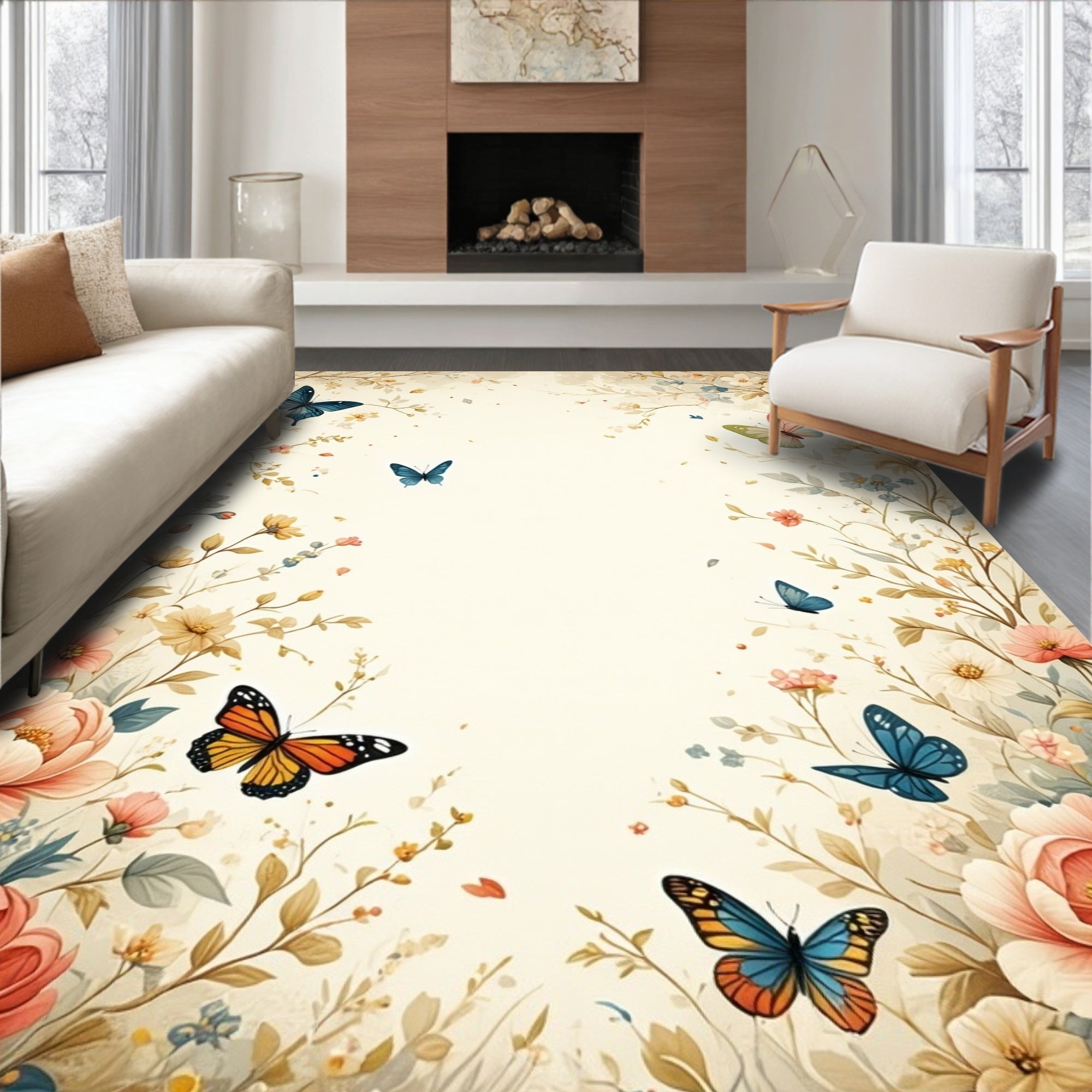 Antique Floral Garden Butterfly Tapestry Design Rug