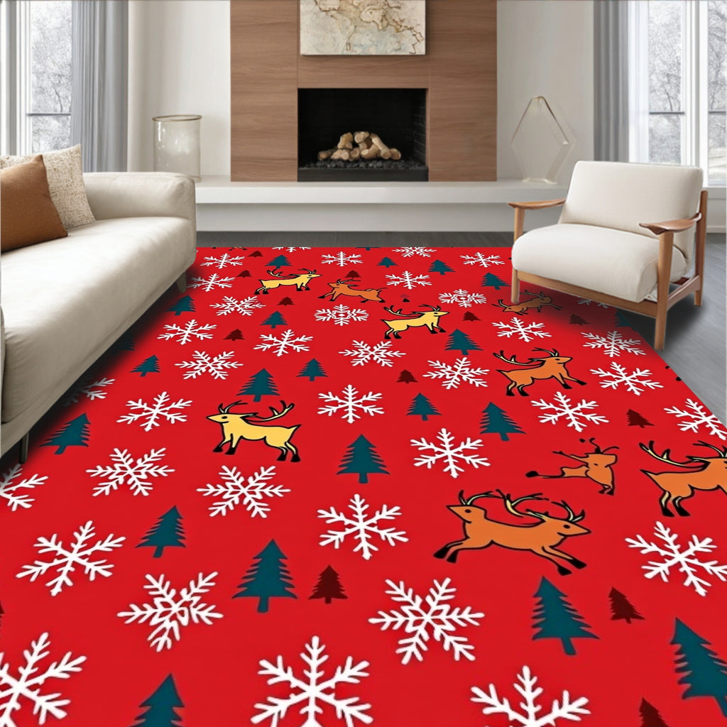 Red Reindeer Snowflake Forest Scene Rug