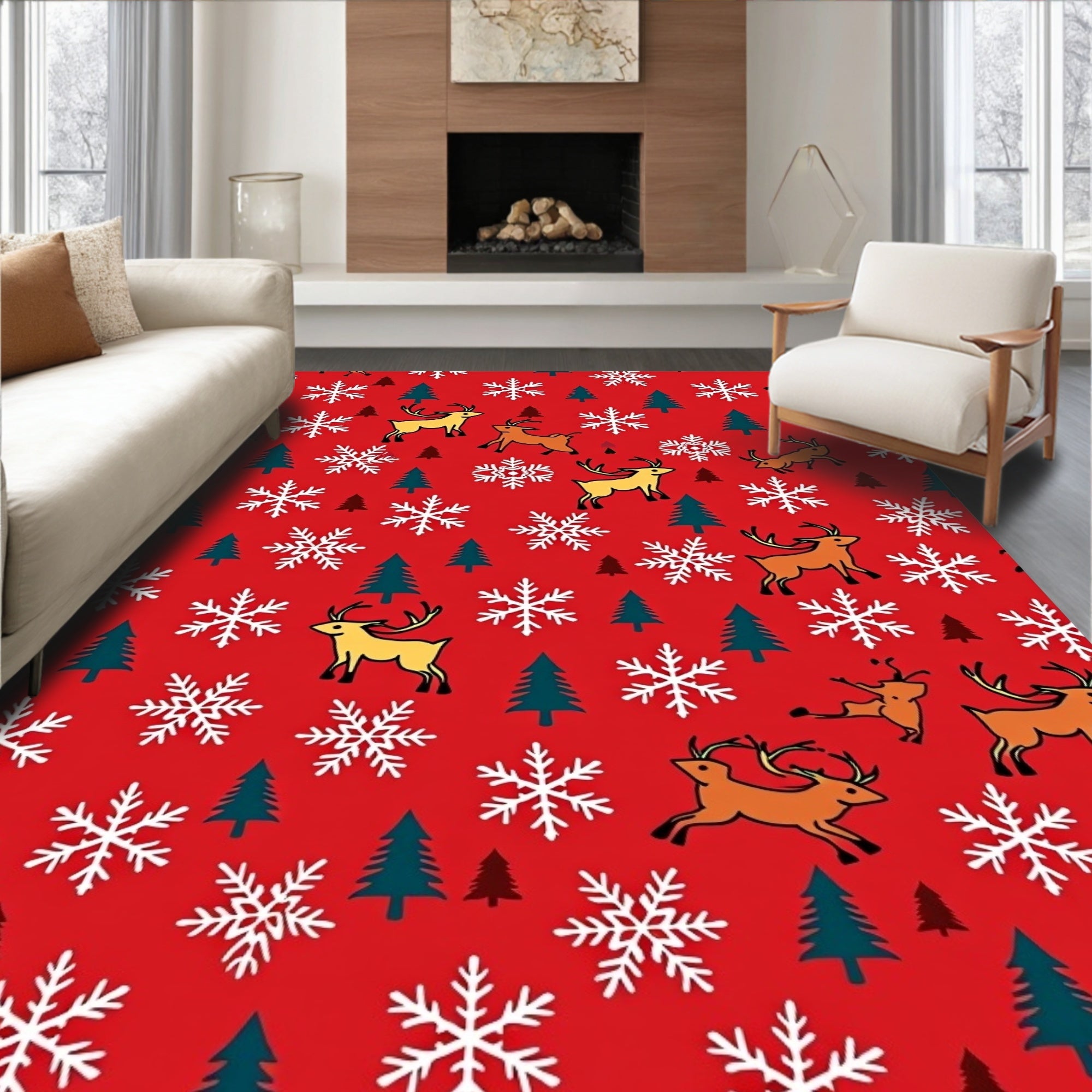 Red Reindeer Snowflake Forest Scene Rug