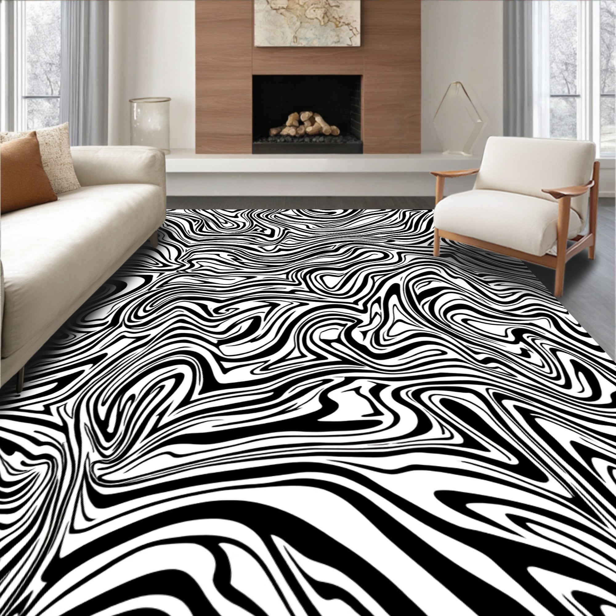 Abstract Black White Marble Pattern Rug