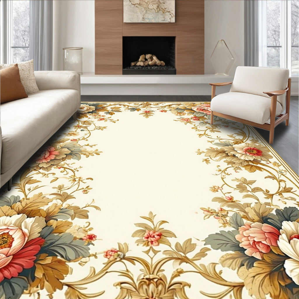 Ornate Floral Scrollwork Cream Rug