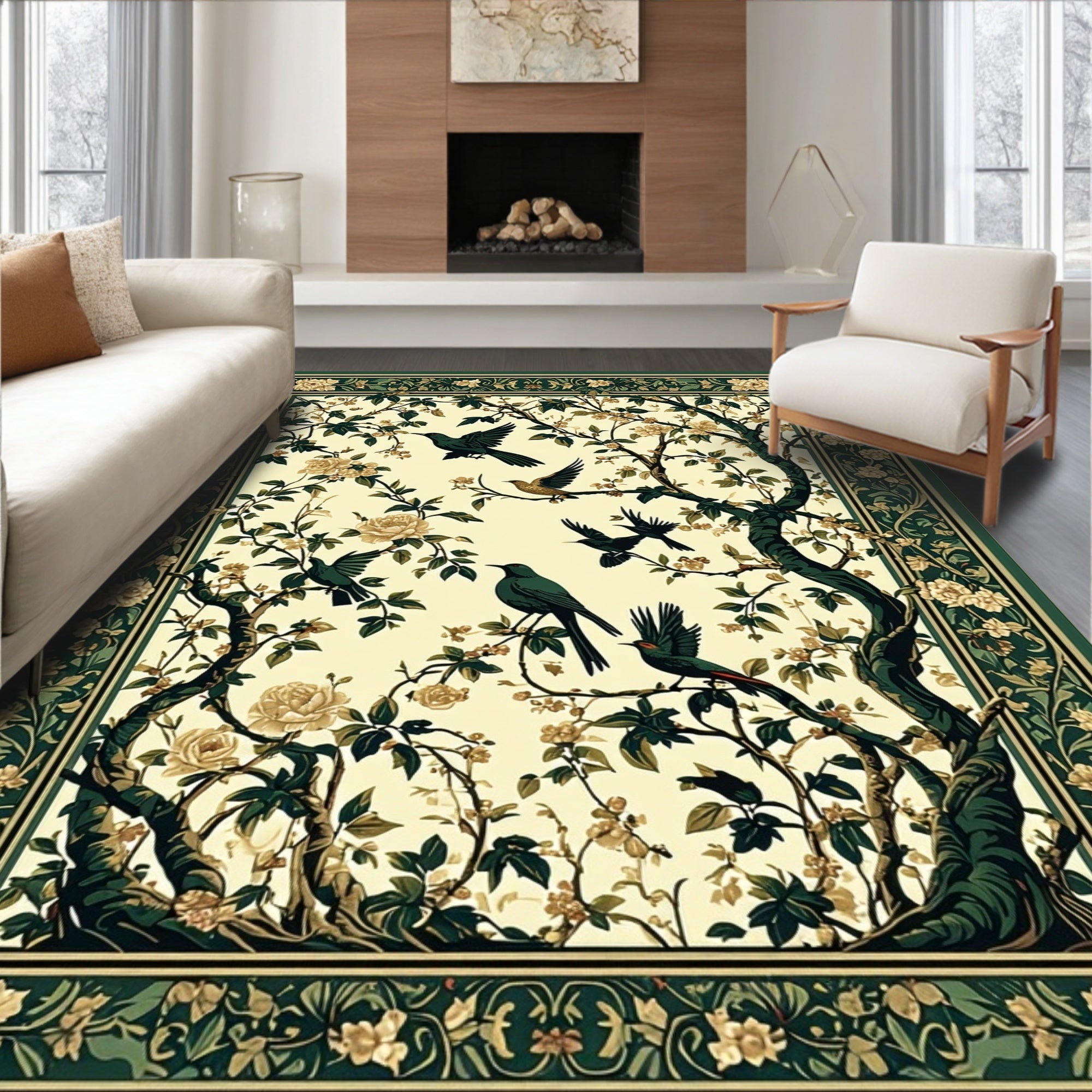 Gilded Bird Tree Floral Pattern Rug