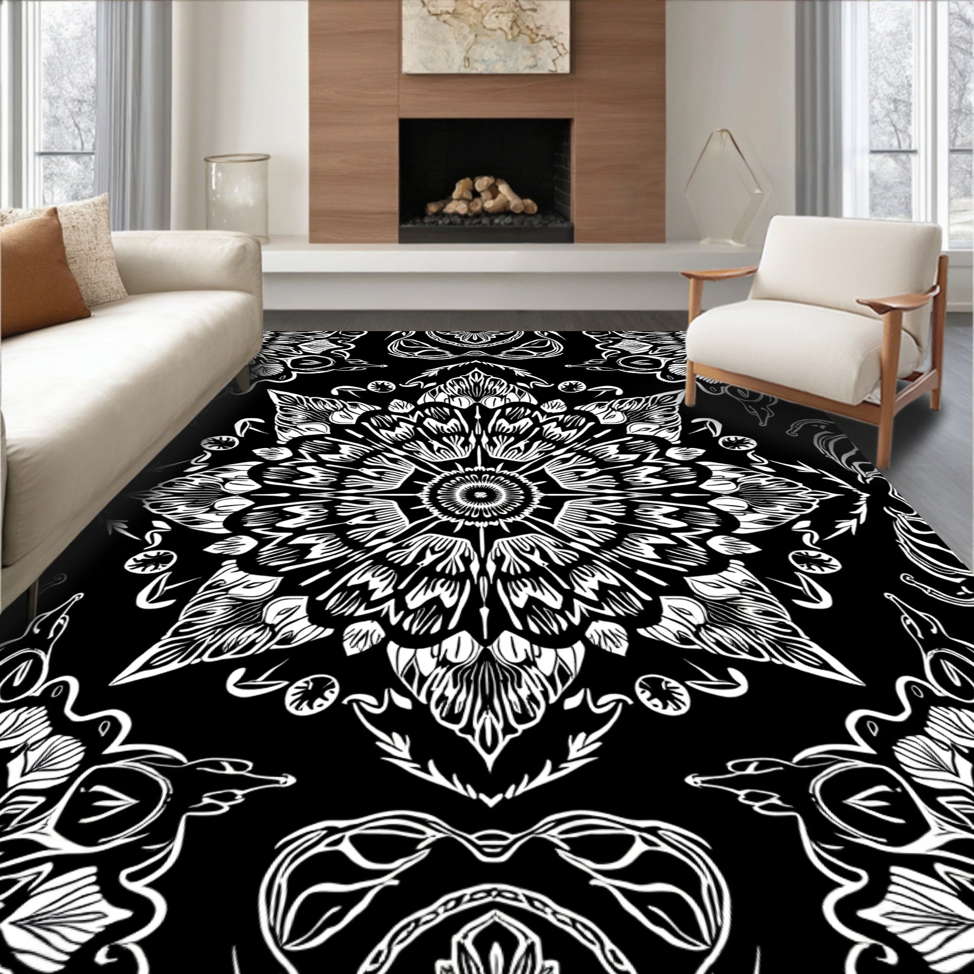 Intricate Black White Mandala Pattern Rug