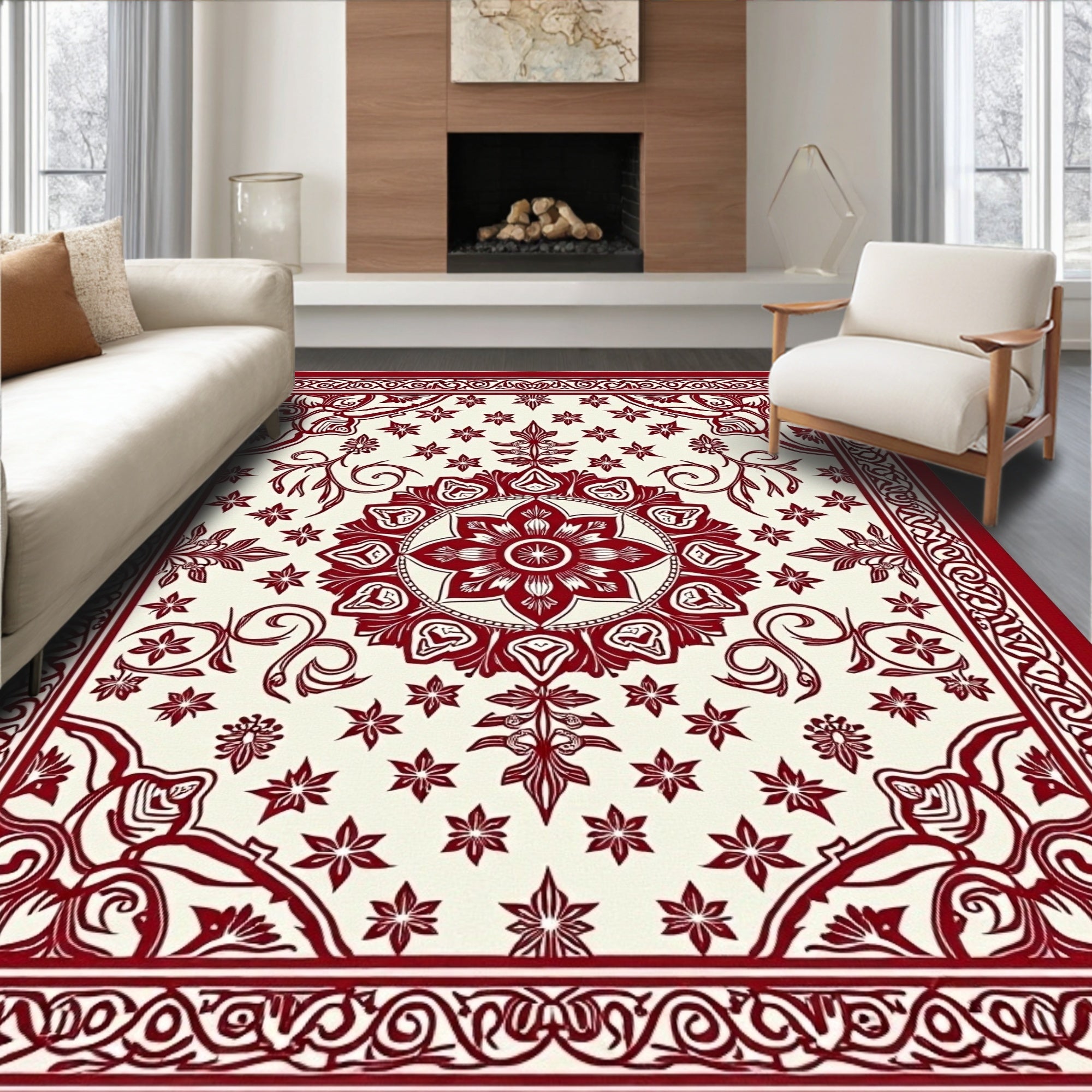Ornate Red Floral Medallion Pattern Rug