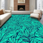 Teal Leaf Patterned Abstract Rug