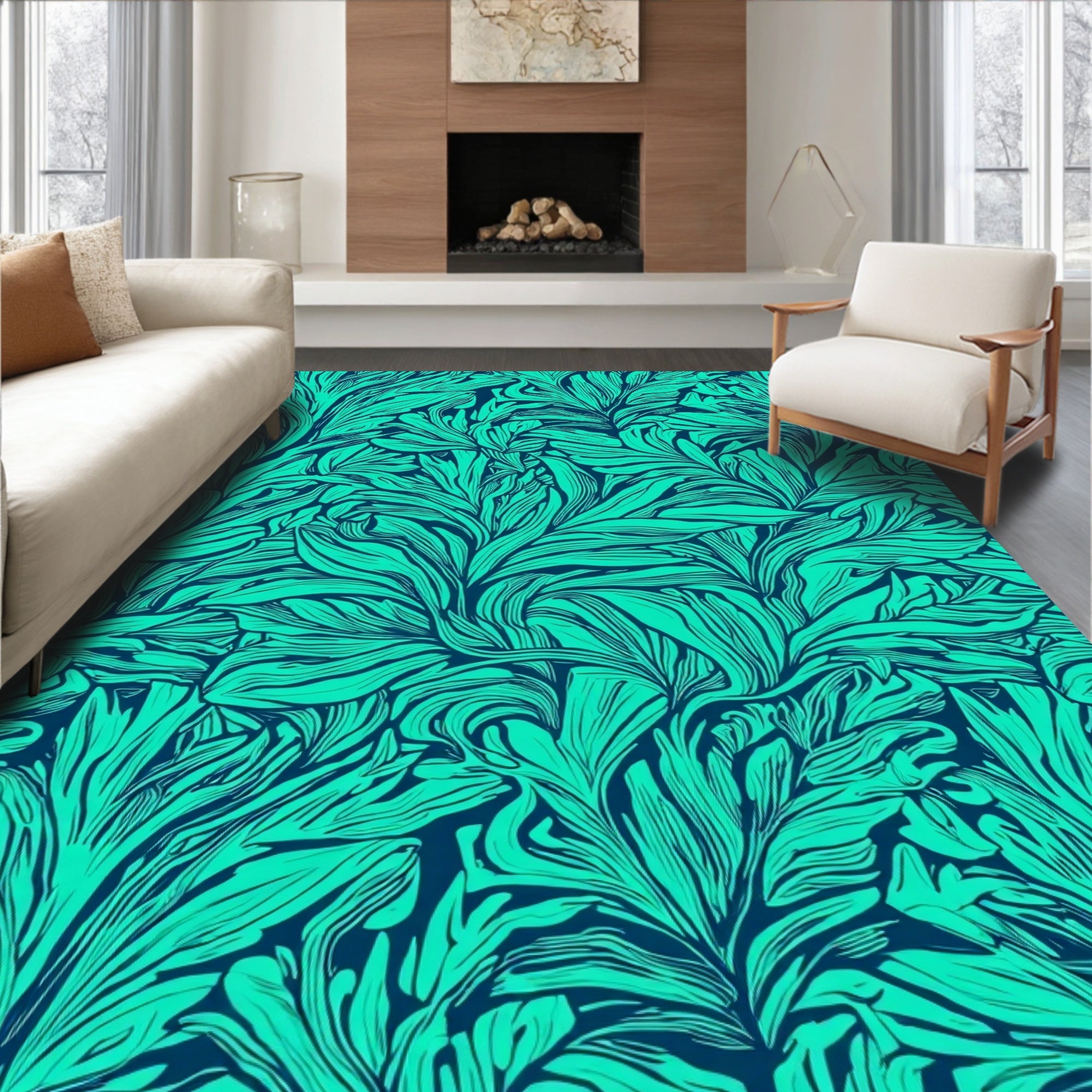 Teal Leaf Patterned Abstract Rug