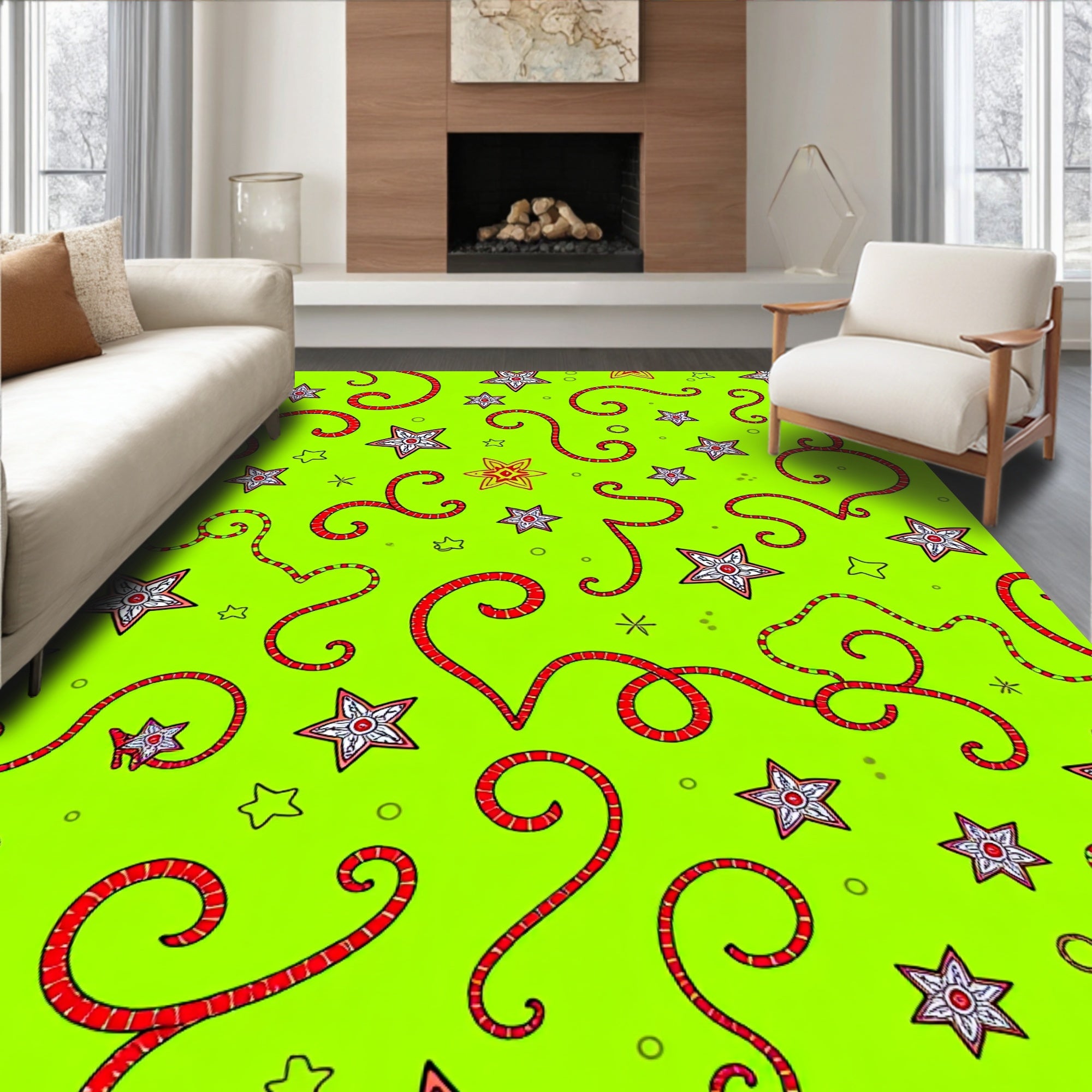 Whimsical Red Swirl Starburst Green Rug