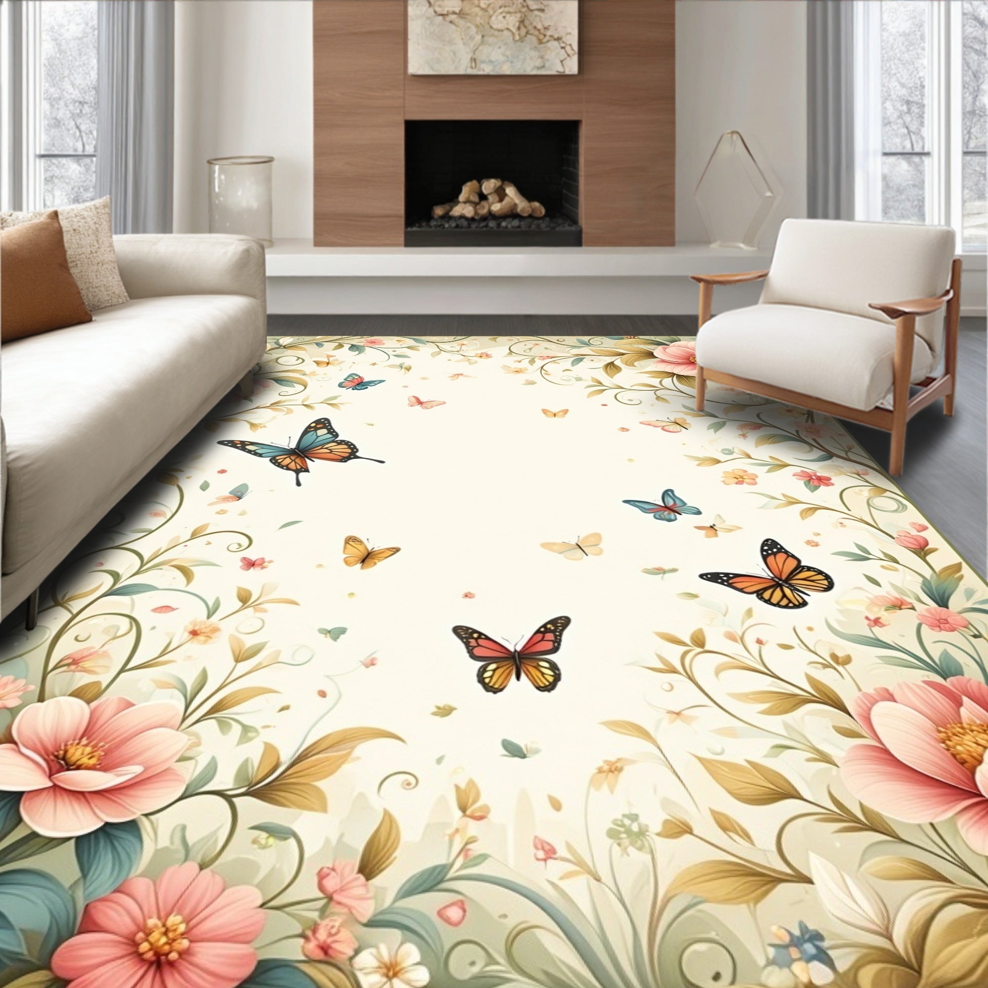 Pastel Floral Butterflies Meadow Design Rug